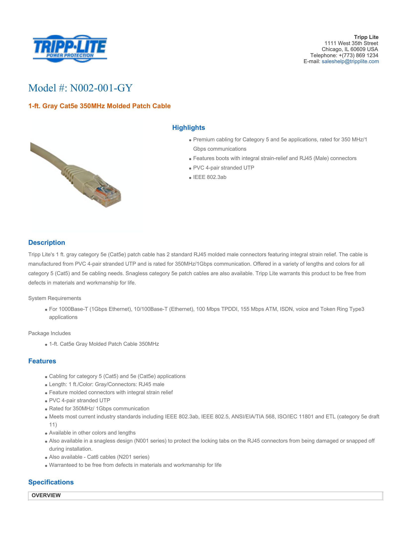 Tripp Lite N002-001-GY Network Cables User Manual