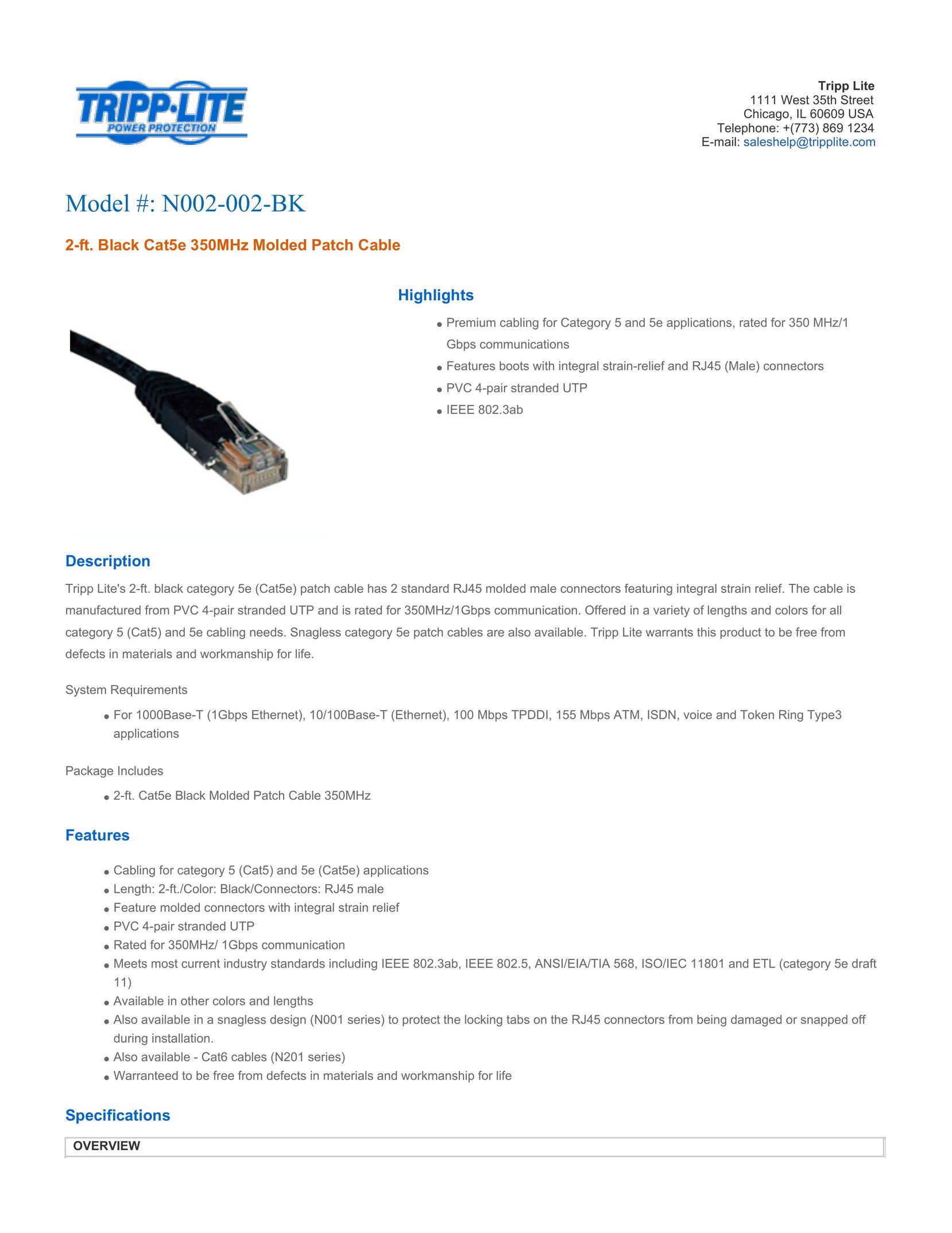Tripp Lite N002-002-BK Network Cables User Manual