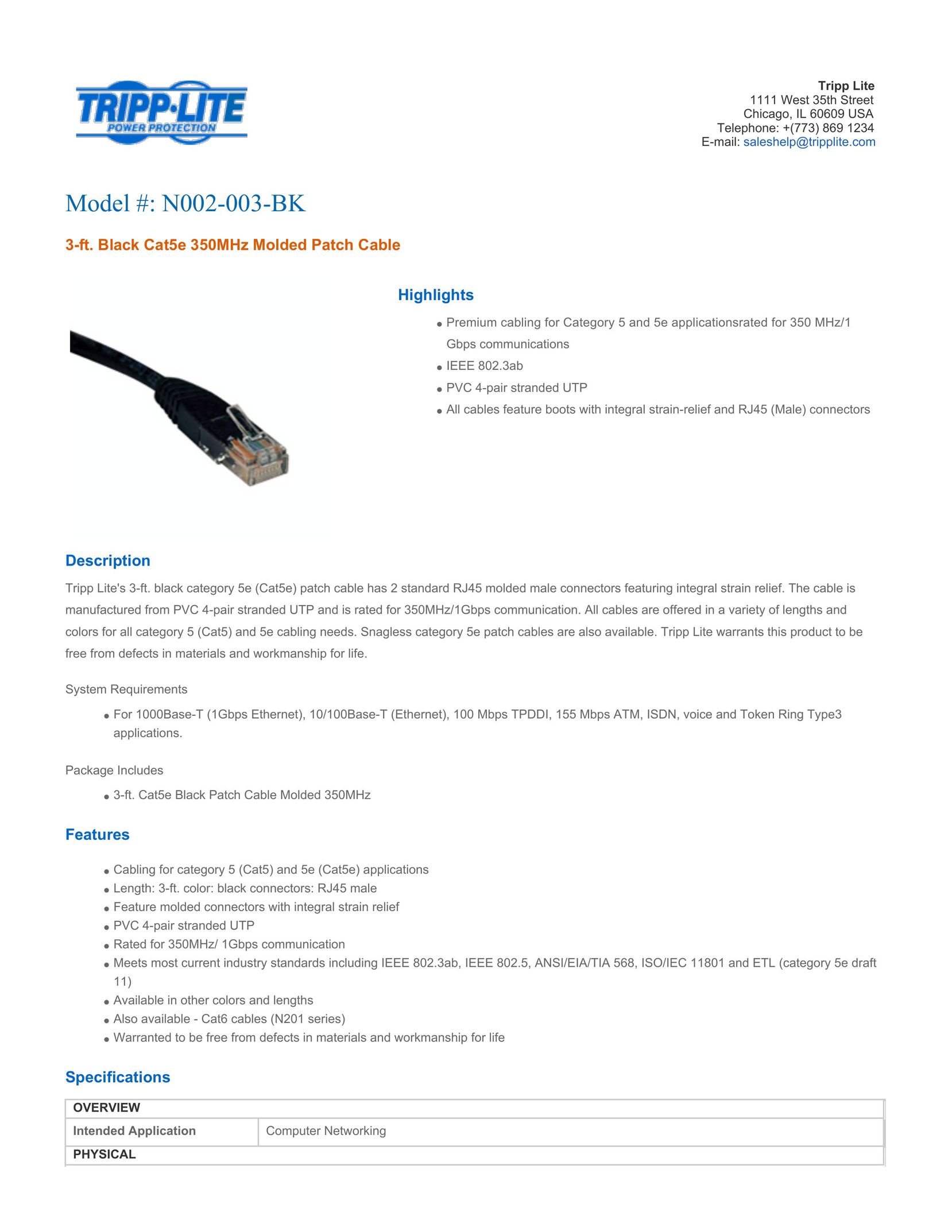 Tripp Lite N002-003-BK Network Cables User Manual