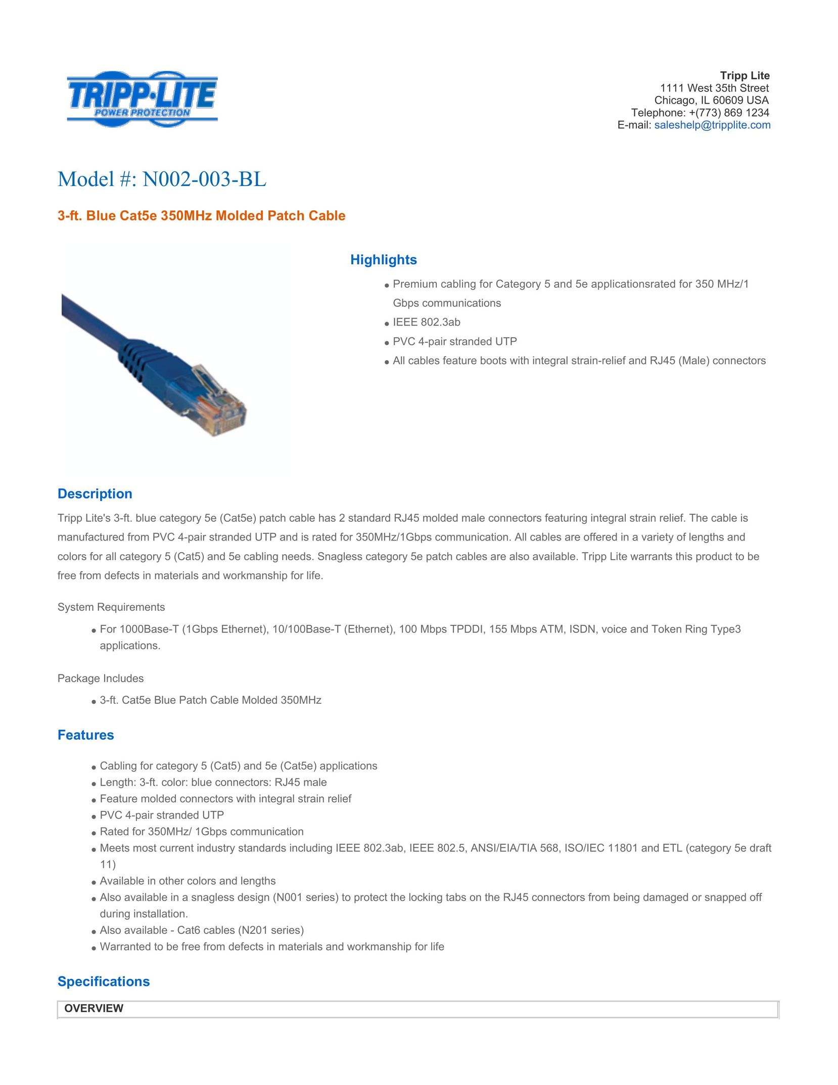 Tripp Lite N002-003-BL Network Cables User Manual