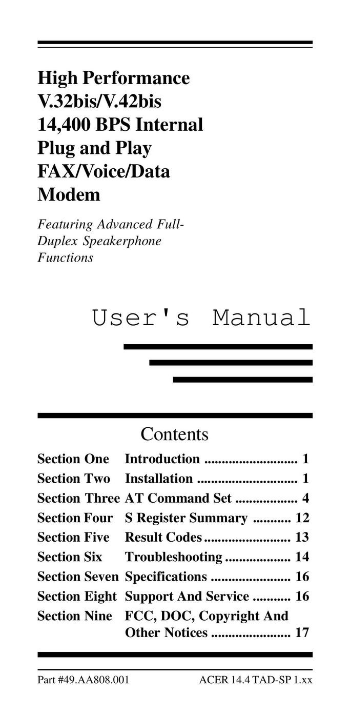 Acer Modemconte Network Card User Manual