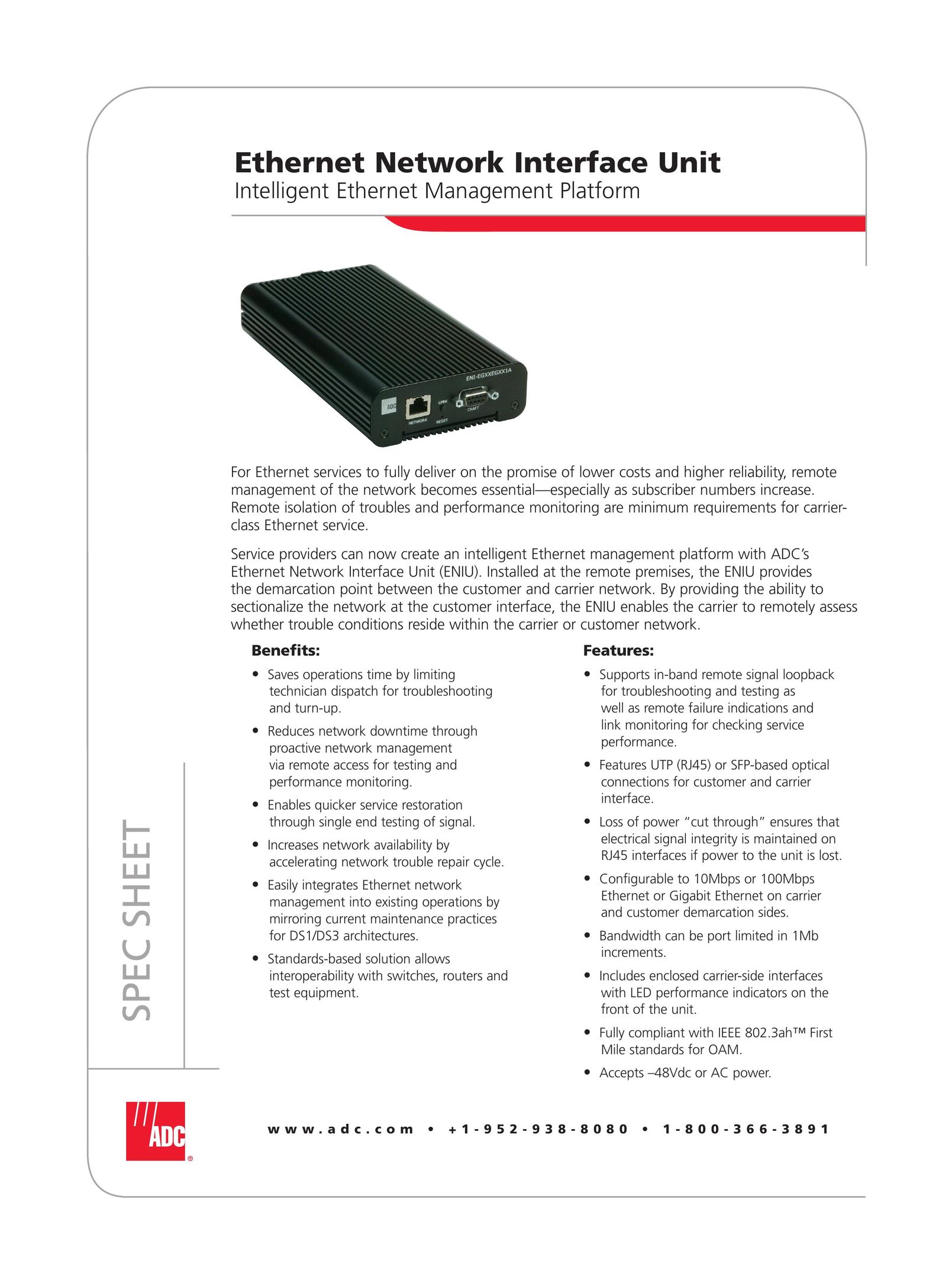 ADC Ethernet Network Interface Unit Network Card User Manual