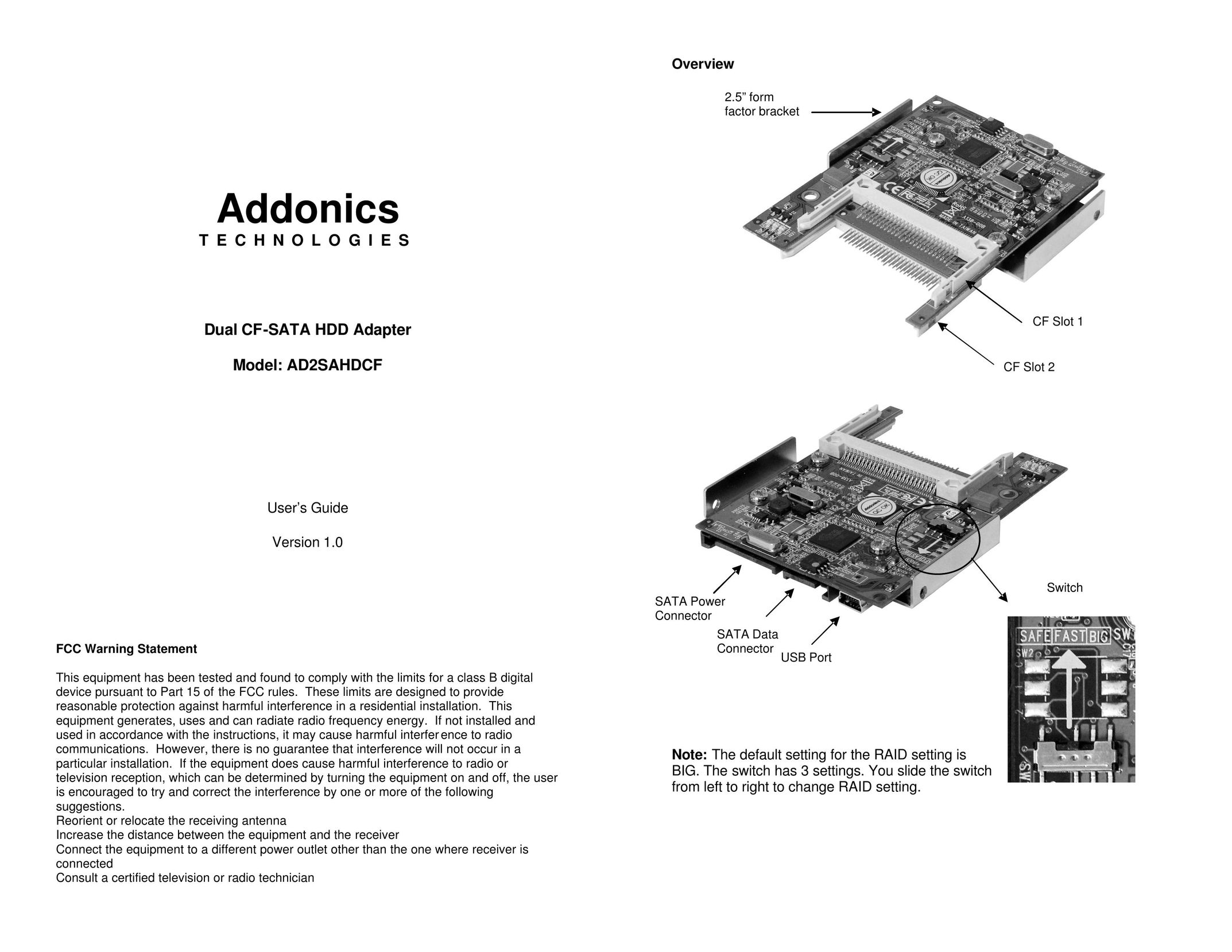 Addonics Technologies AD2SAHDCF Network Card User Manual