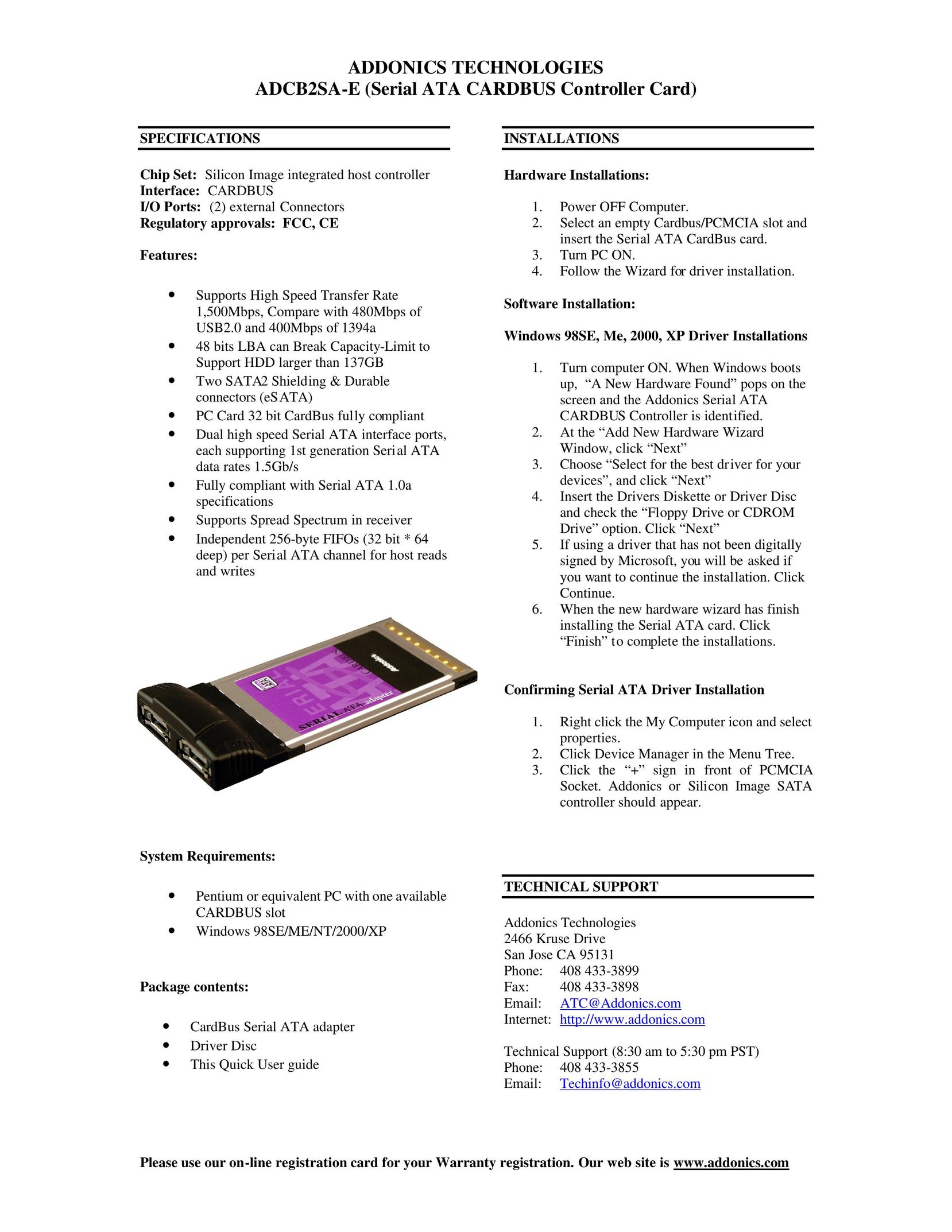 Addonics Technologies ADCB2SA-E Network Card User Manual