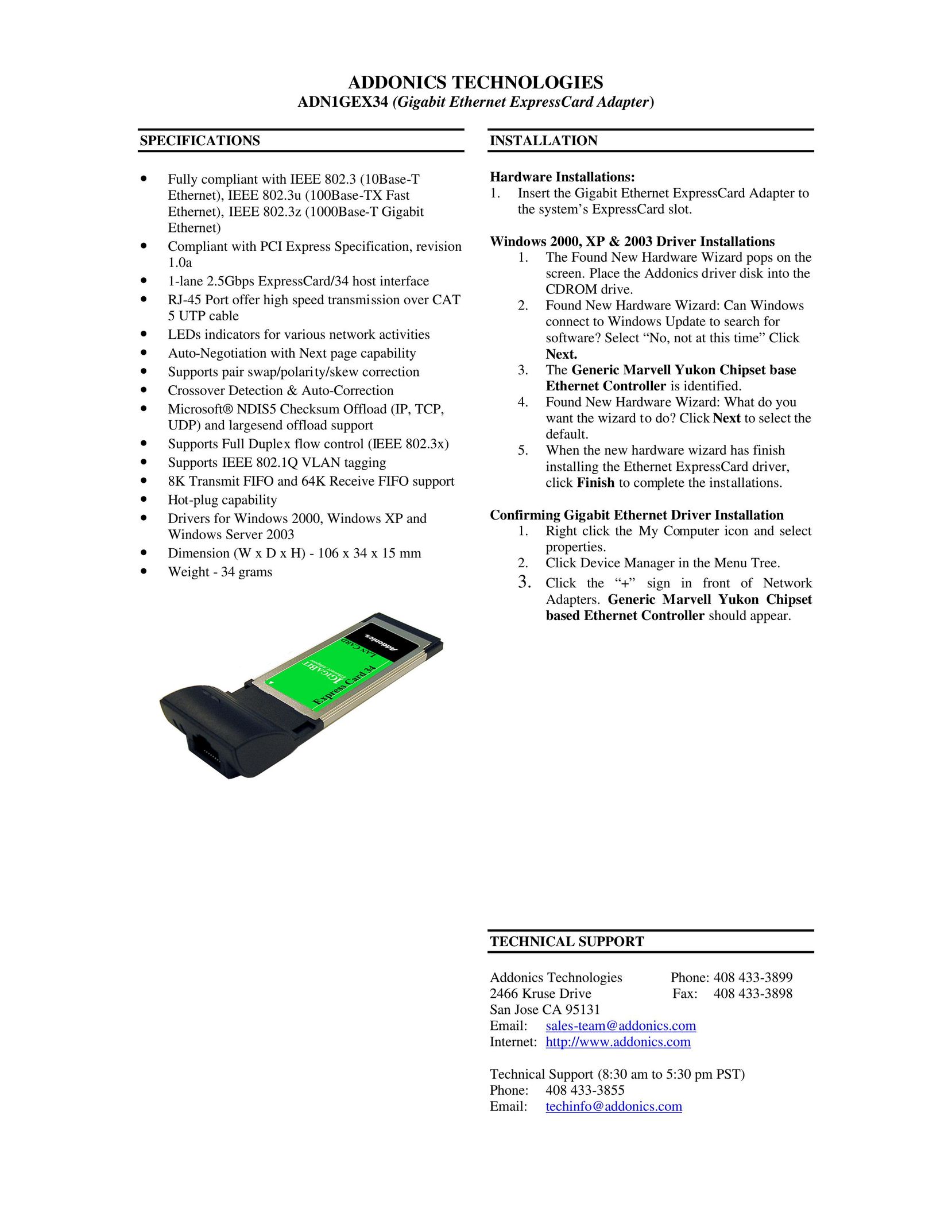 Addonics Technologies ADN1GEX34 Network Card User Manual