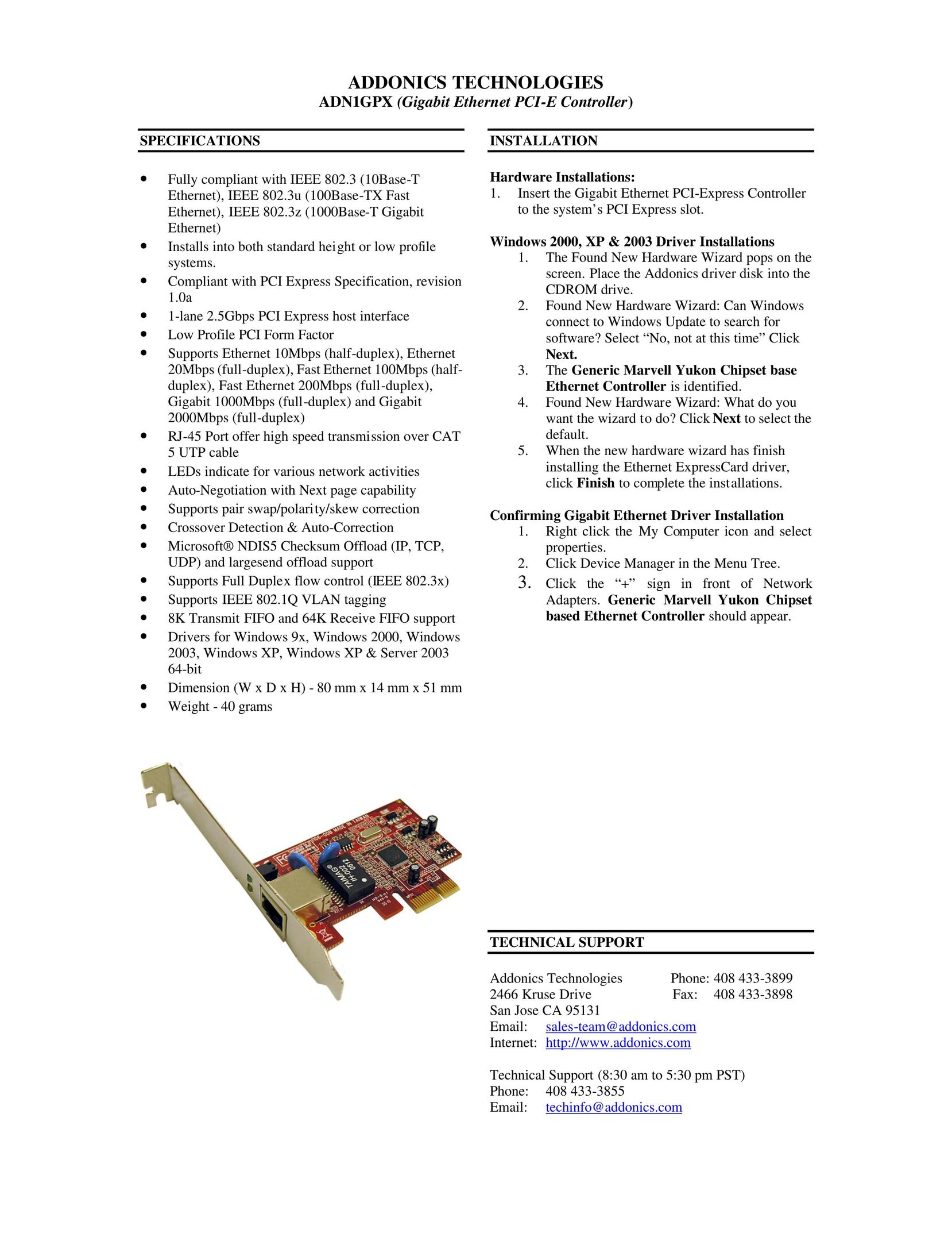 Addonics Technologies ADN1GPX Network Card User Manual