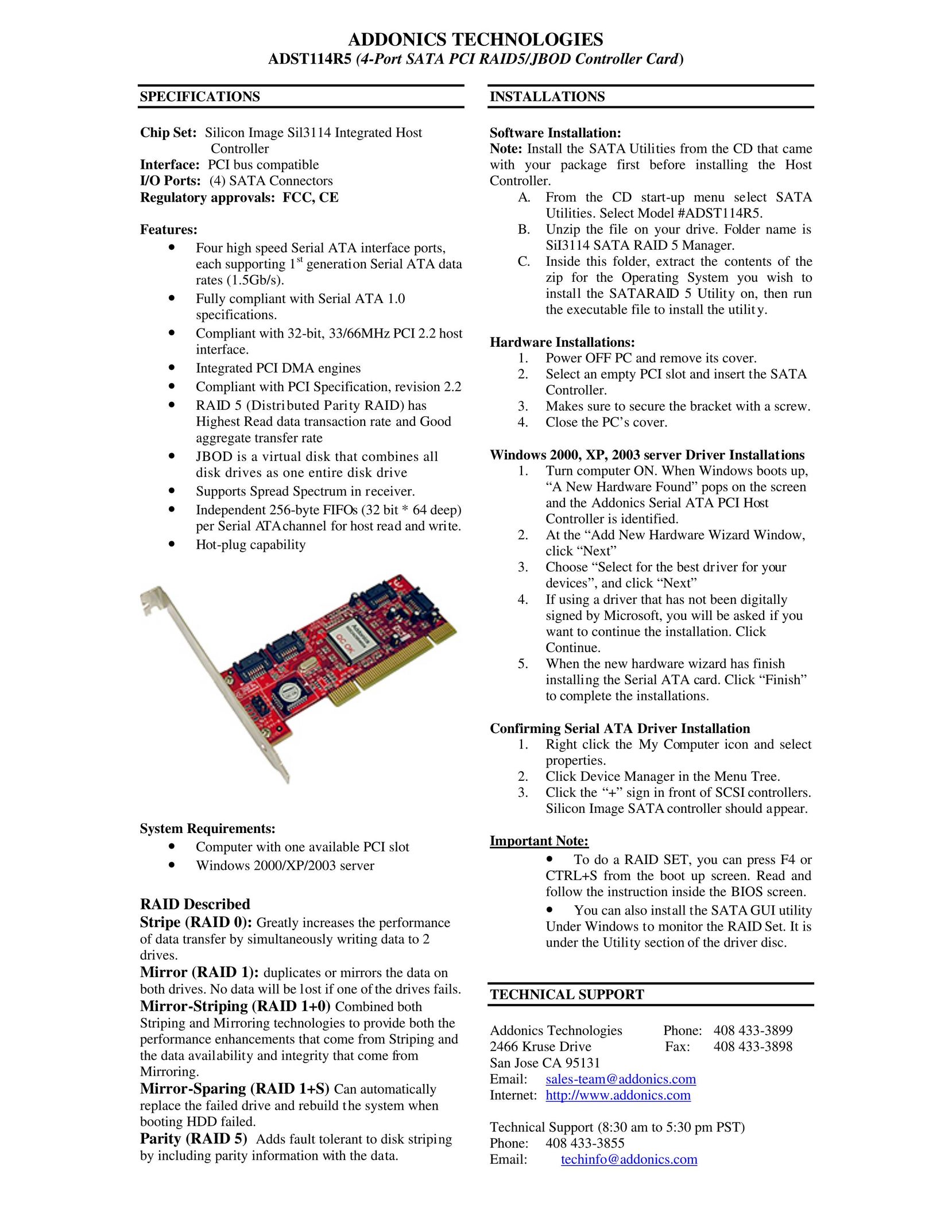Addonics Technologies ADST114R5 Network Card User Manual