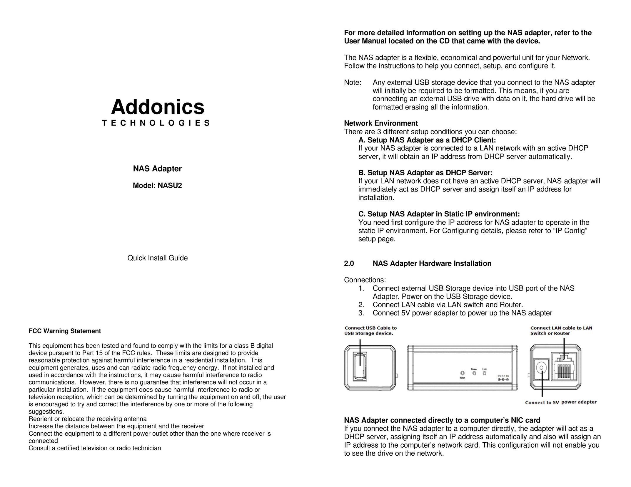 Addonics Technologies NASU2 Network Card User Manual