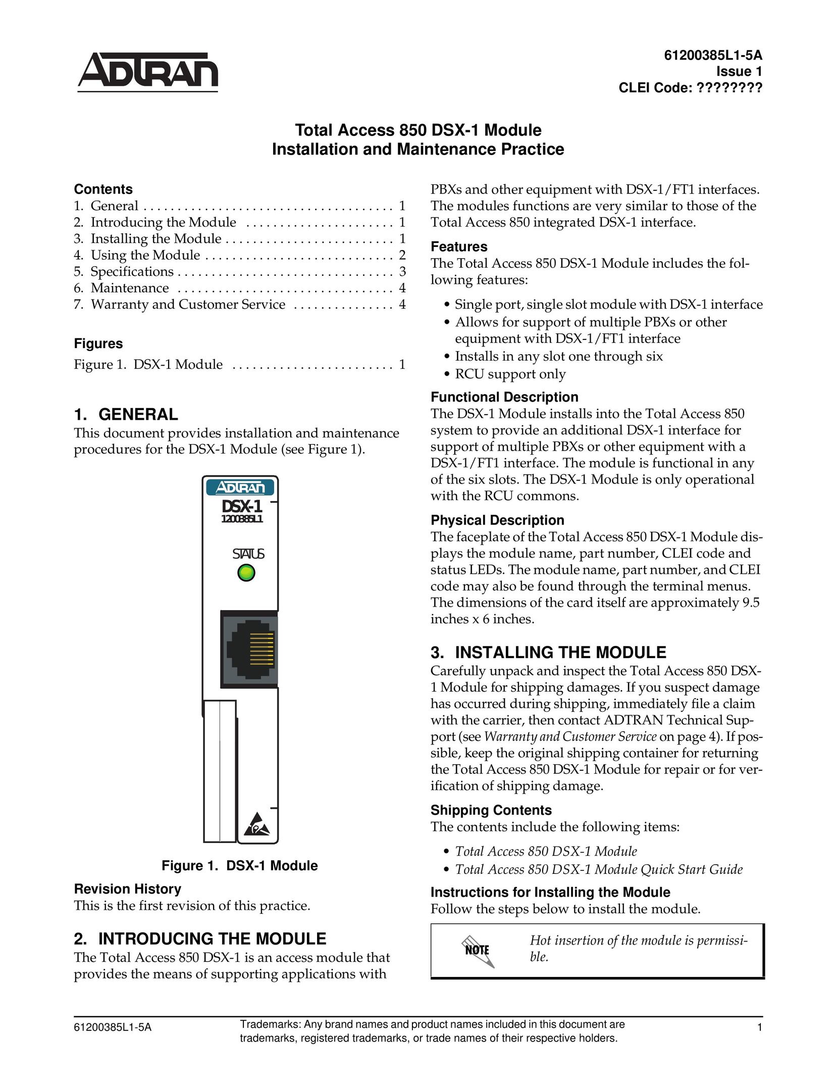 ADTRAN 1 Network Card User Manual