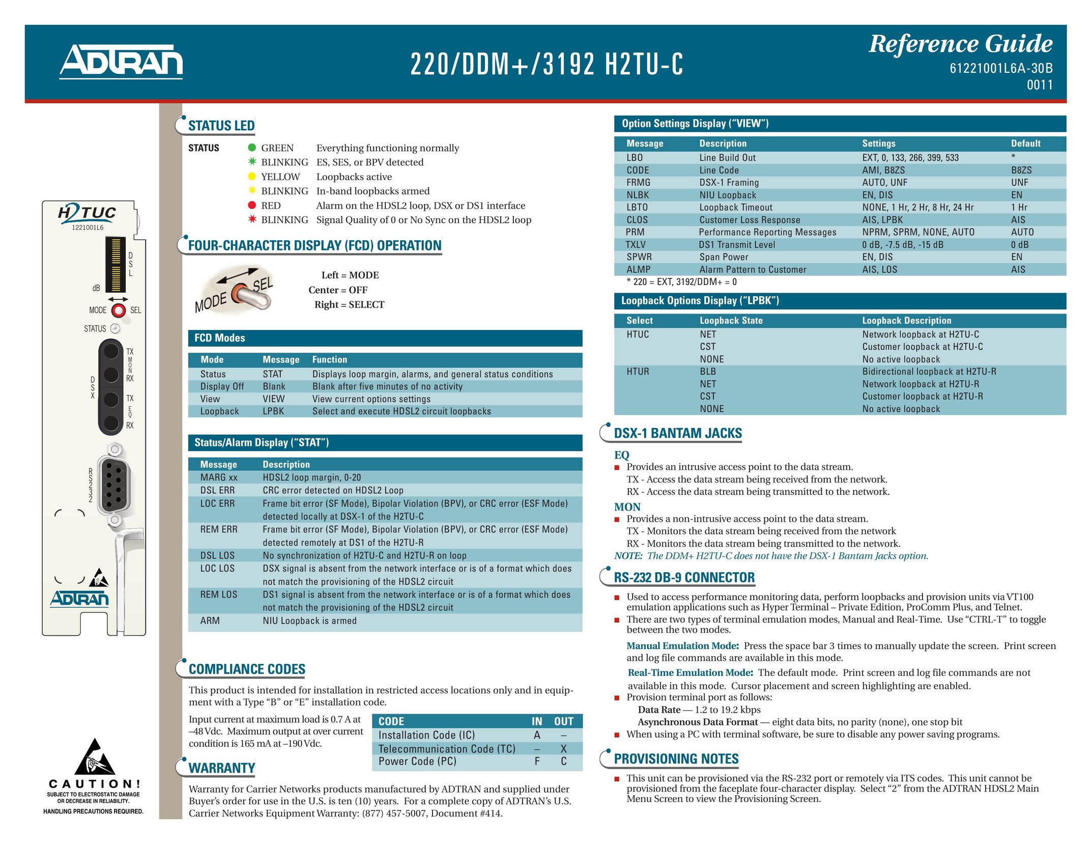 ADTRAN 220 DDM, 3192 H2TU-C Network Card User Manual