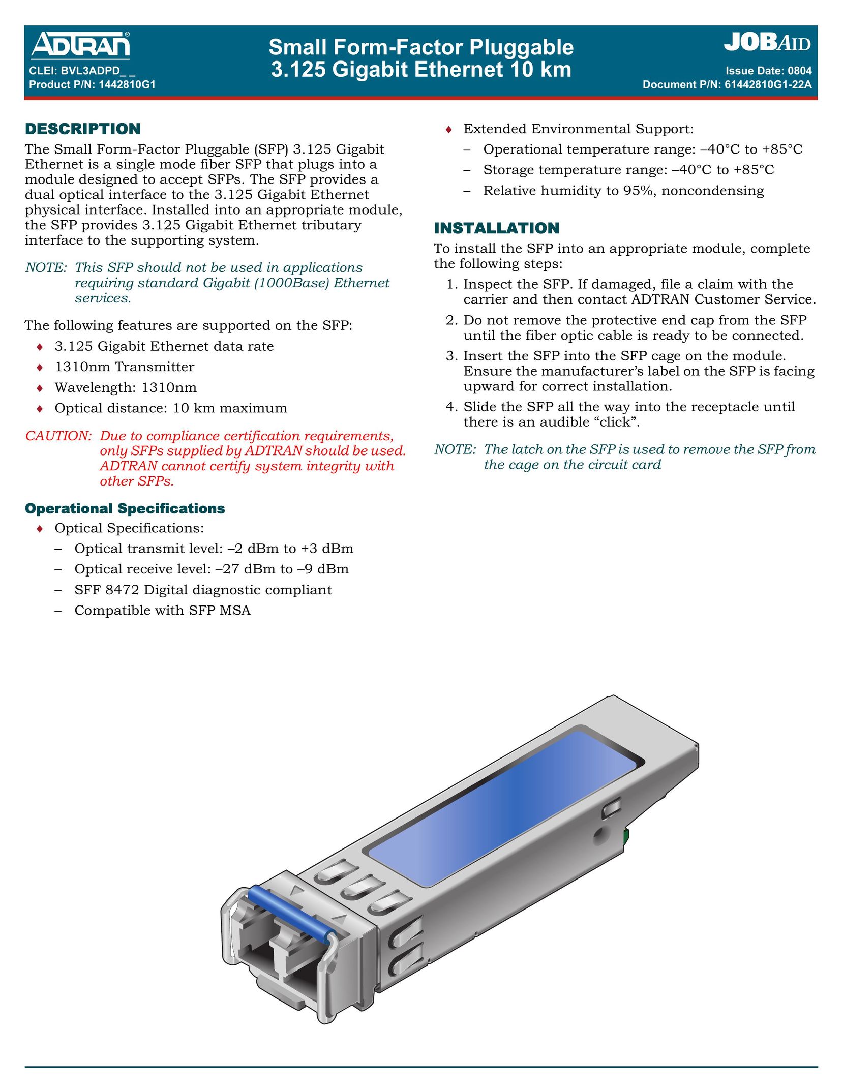 ADTRAN 3.125 Gigabit Ethernet Network Card User Manual