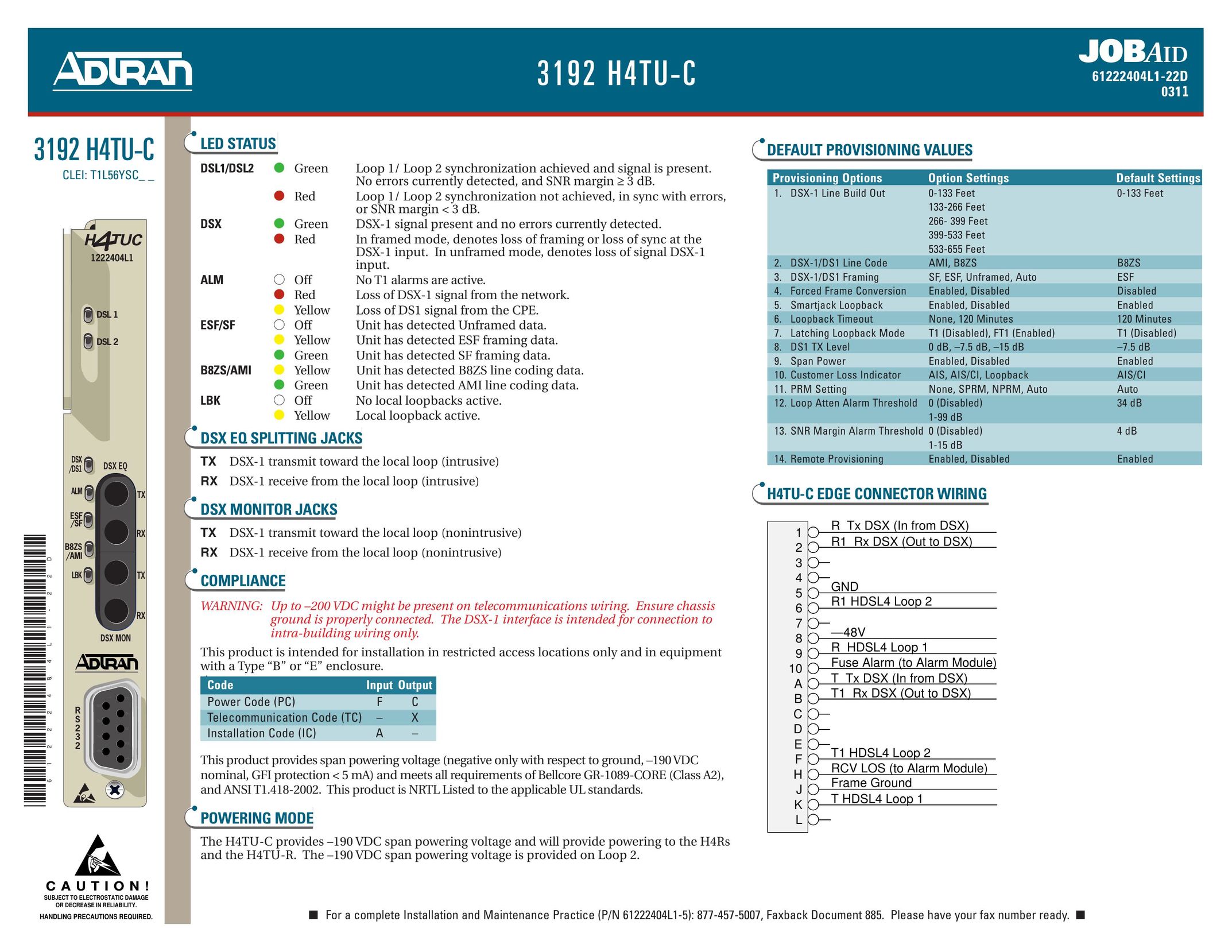 ADTRAN 3192 H4TU-C Network Card User Manual