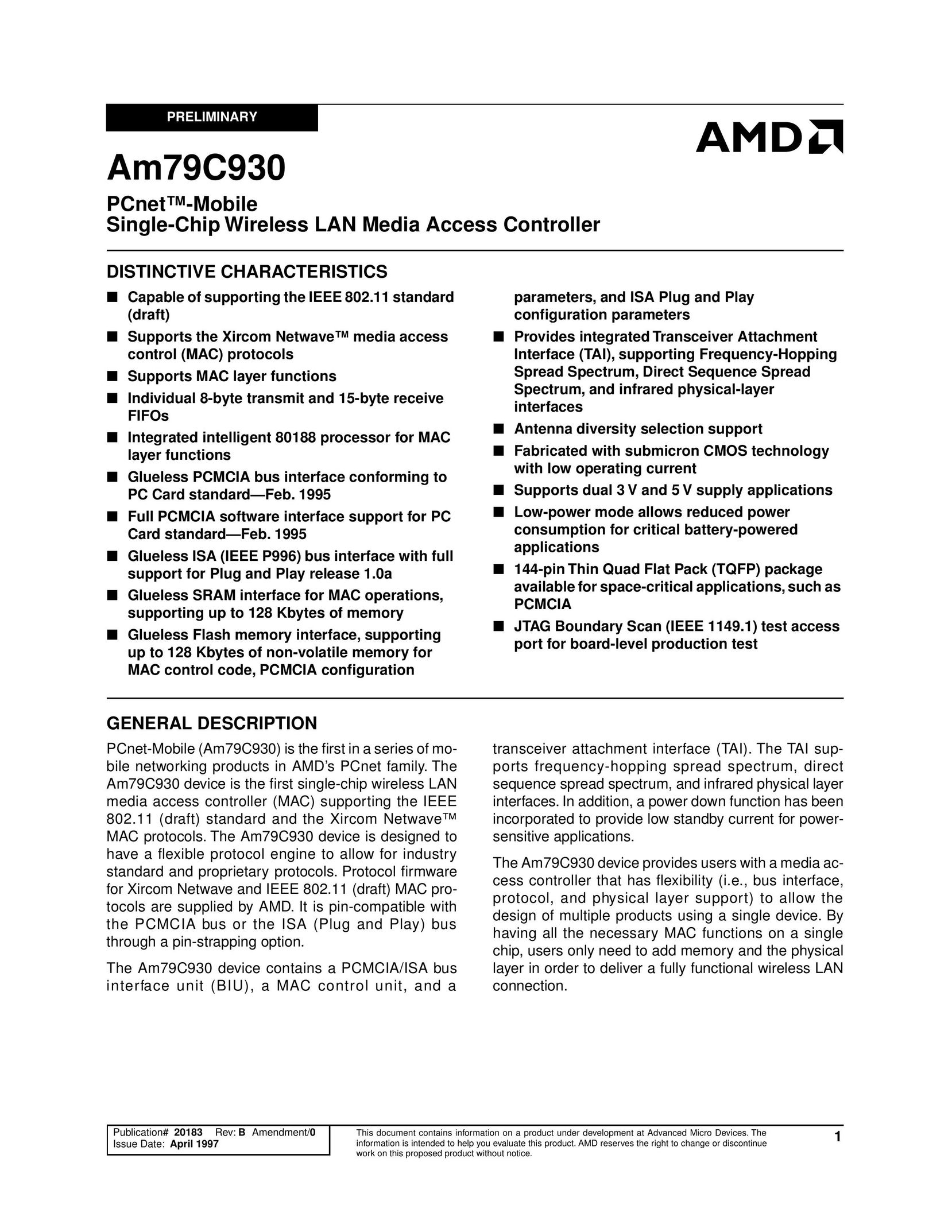 AMD Am79C930 Network Card User Manual