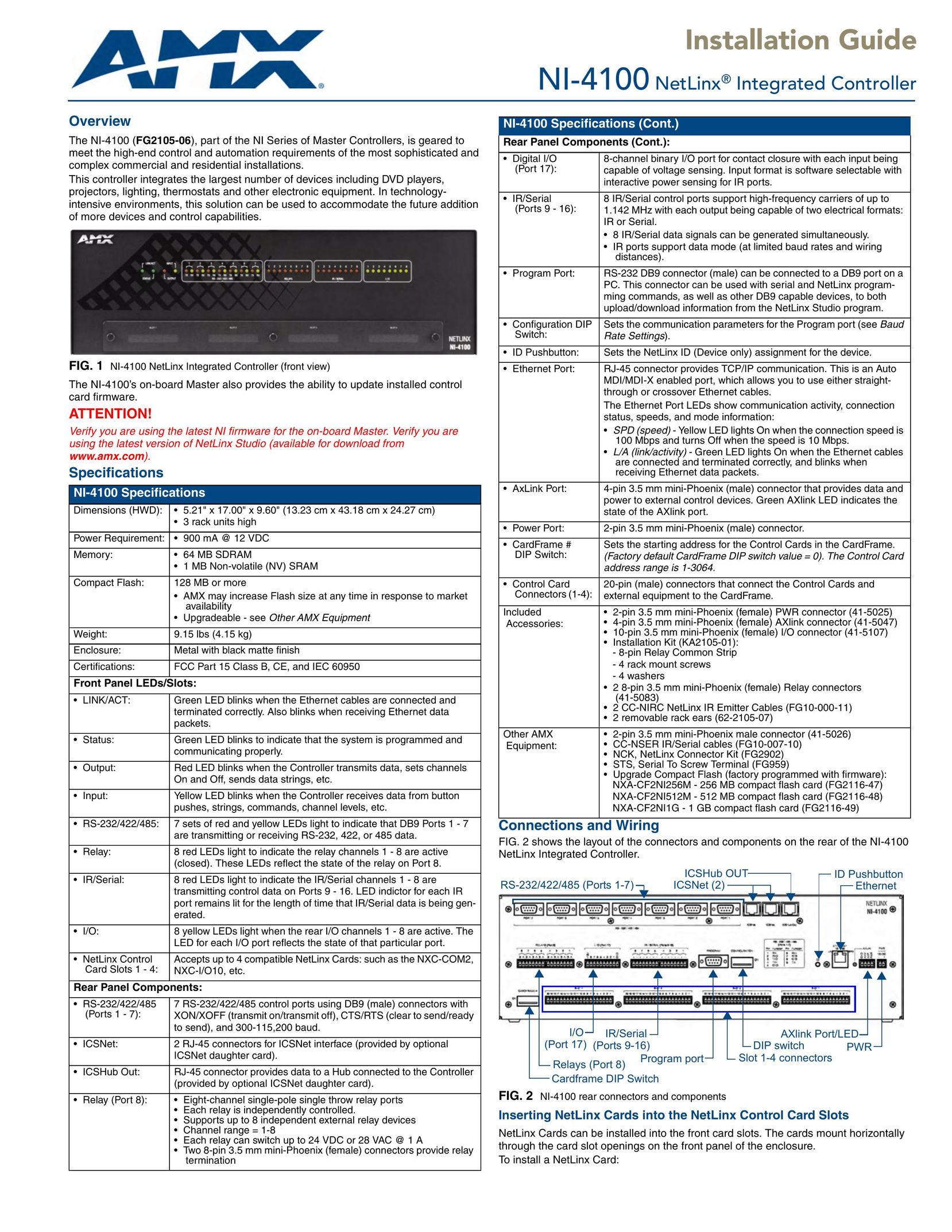 AMX NI-4100 Network Card User Manual