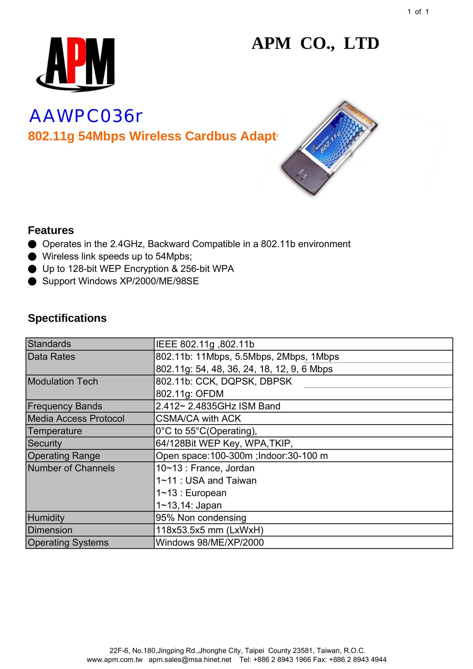 APM AAWPC036r Network Card User Manual