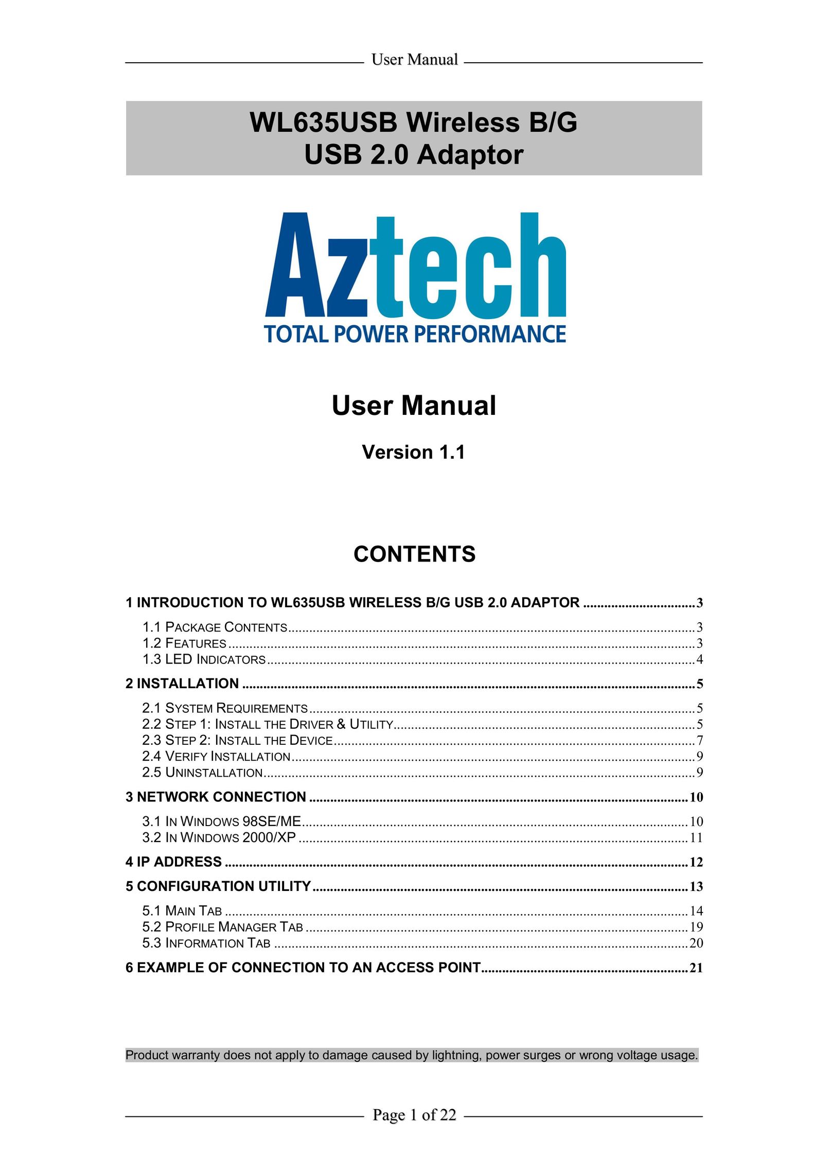 Aztech Systems WL635USB Network Card User Manual