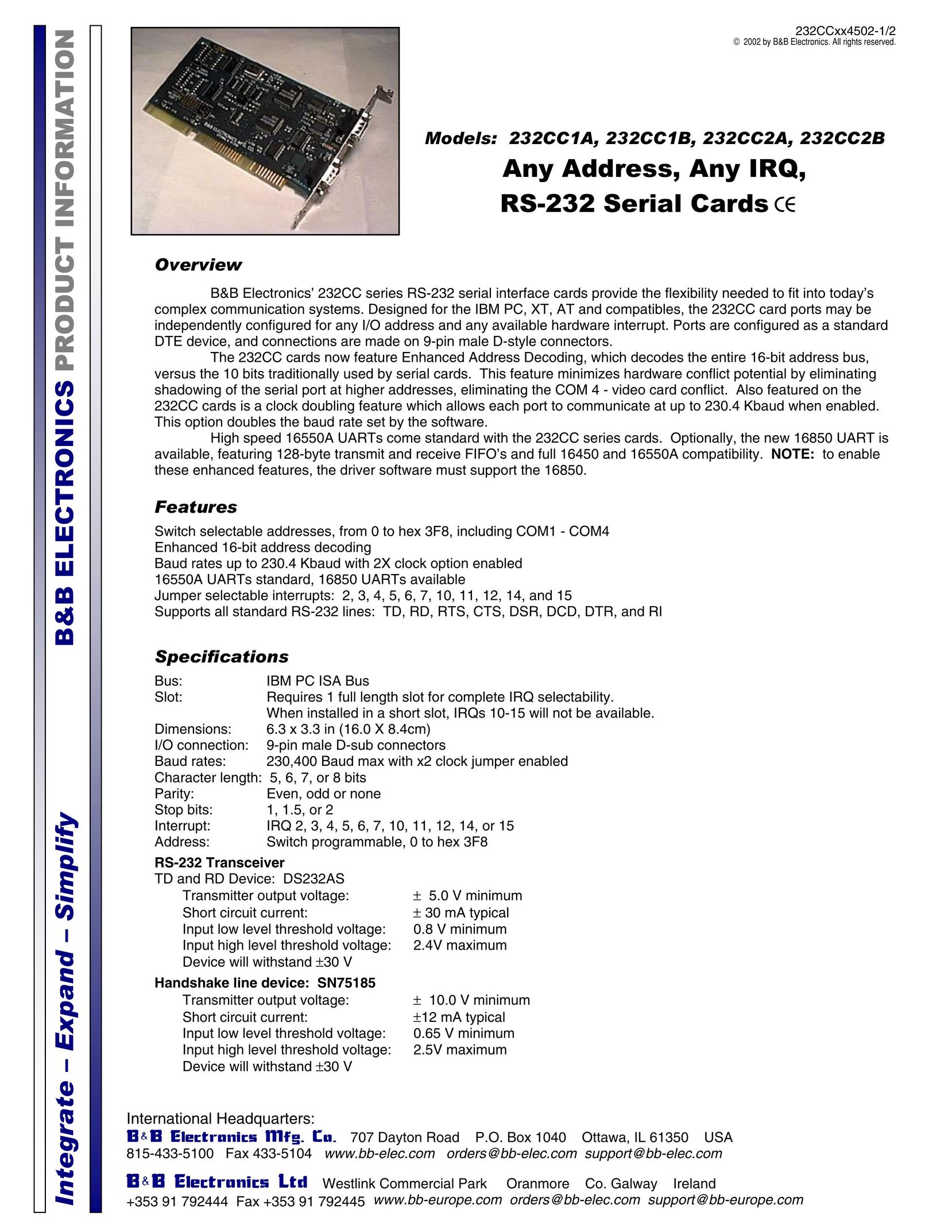 B&B Electronics 232CC1A Network Card User Manual