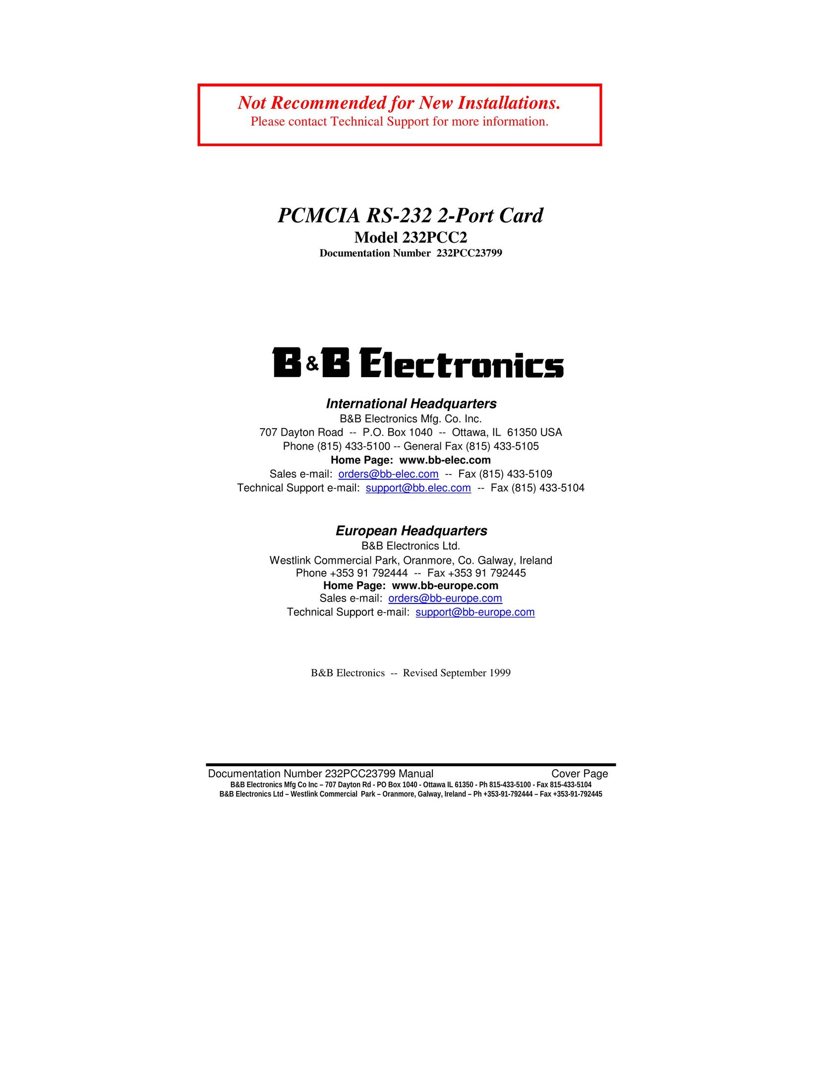 B&B Electronics 232PCC2 Network Card User Manual