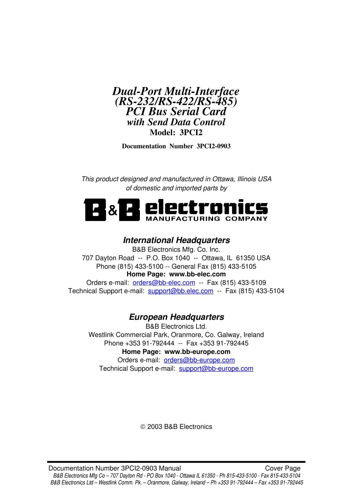 B&B Electronics 3PCI2 Network Card User Manual