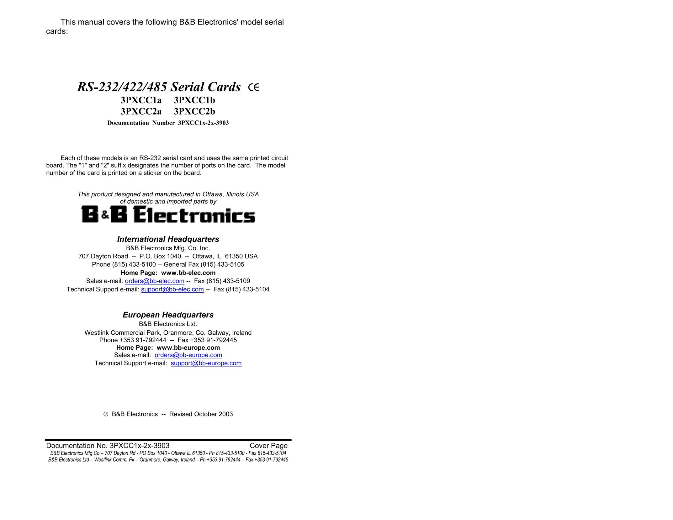 B&B Electronics 3PXCC1A Network Card User Manual