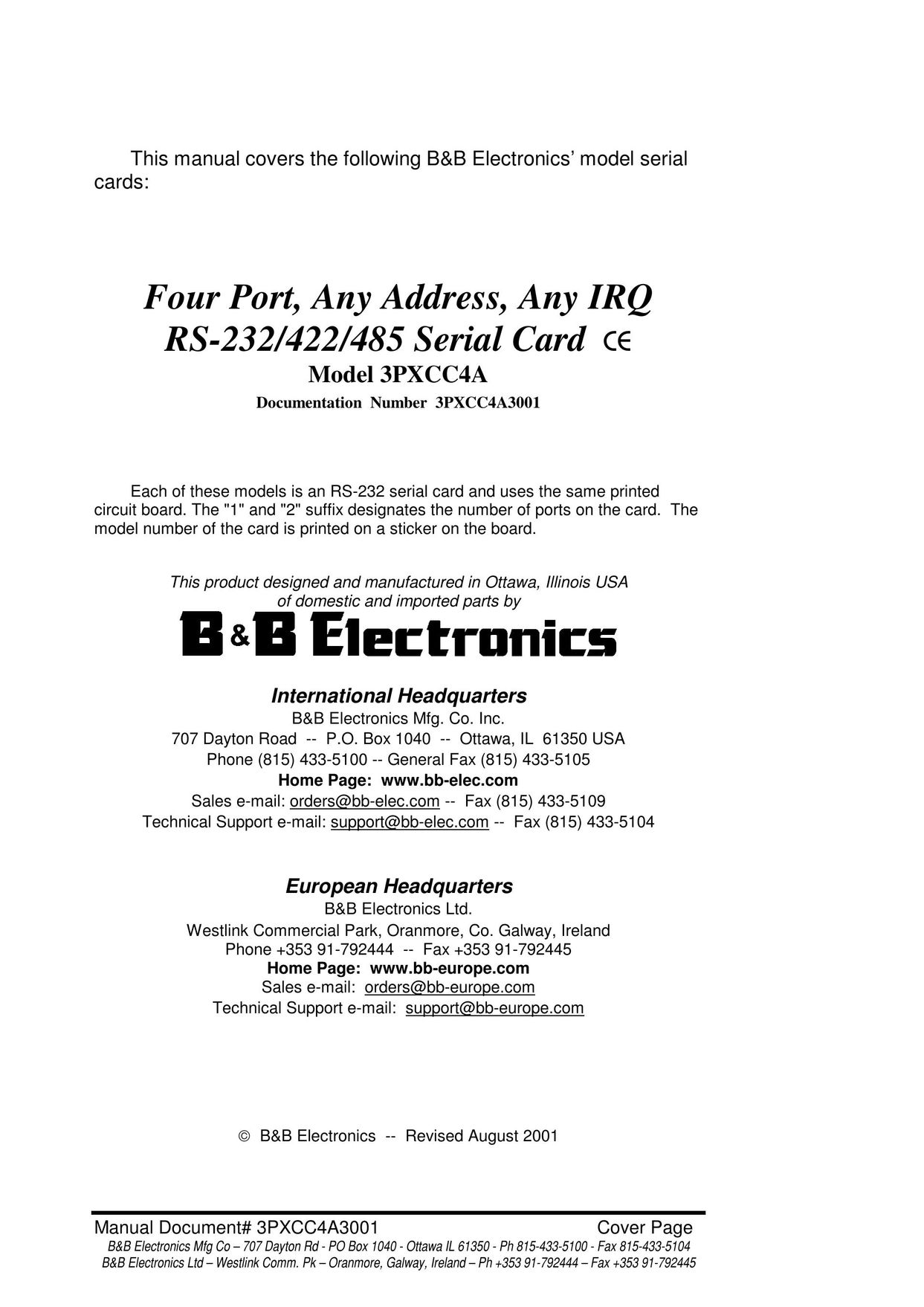 B&B Electronics 3PXCC4A Network Card User Manual