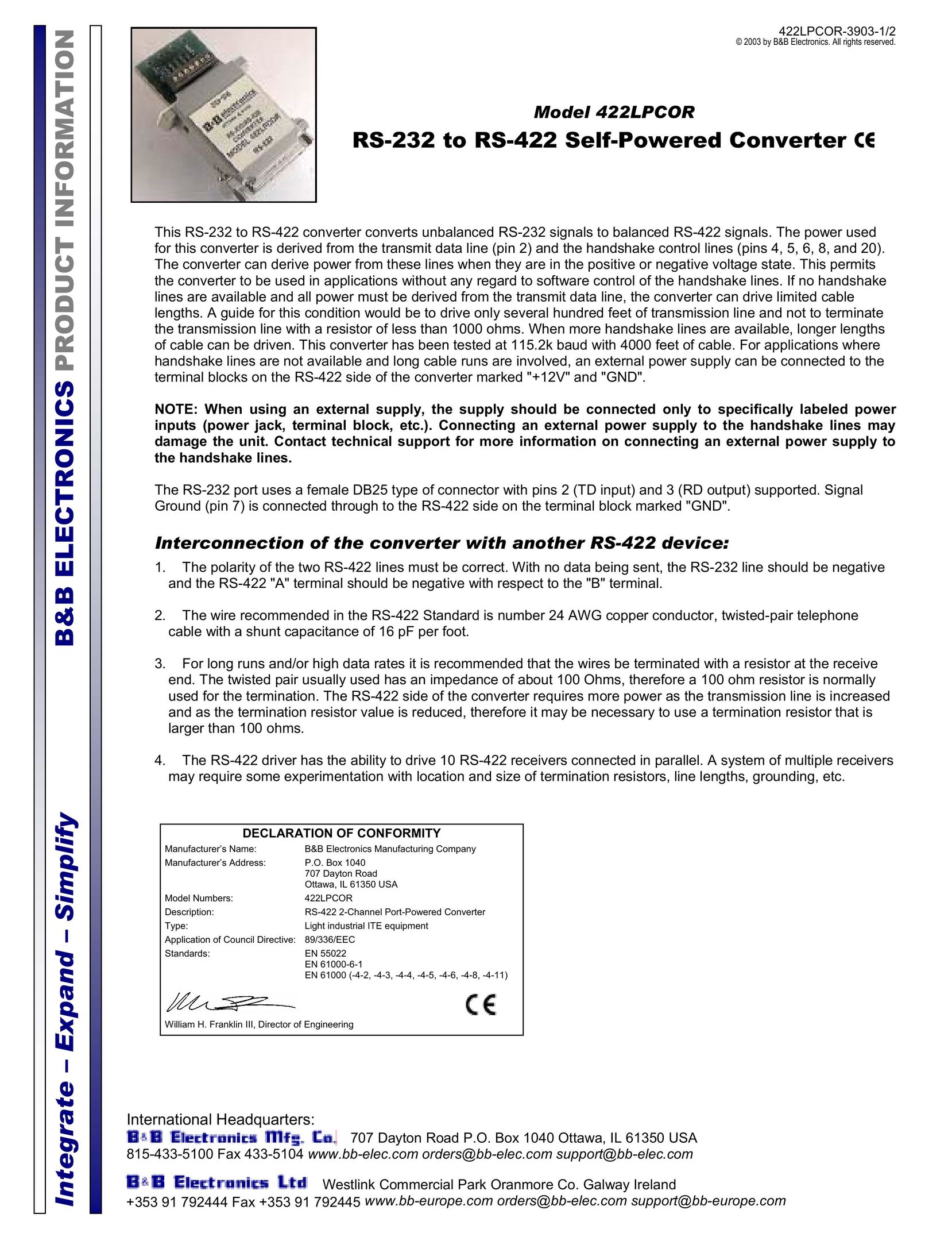 B&B Electronics 422LPCOR Network Card User Manual
