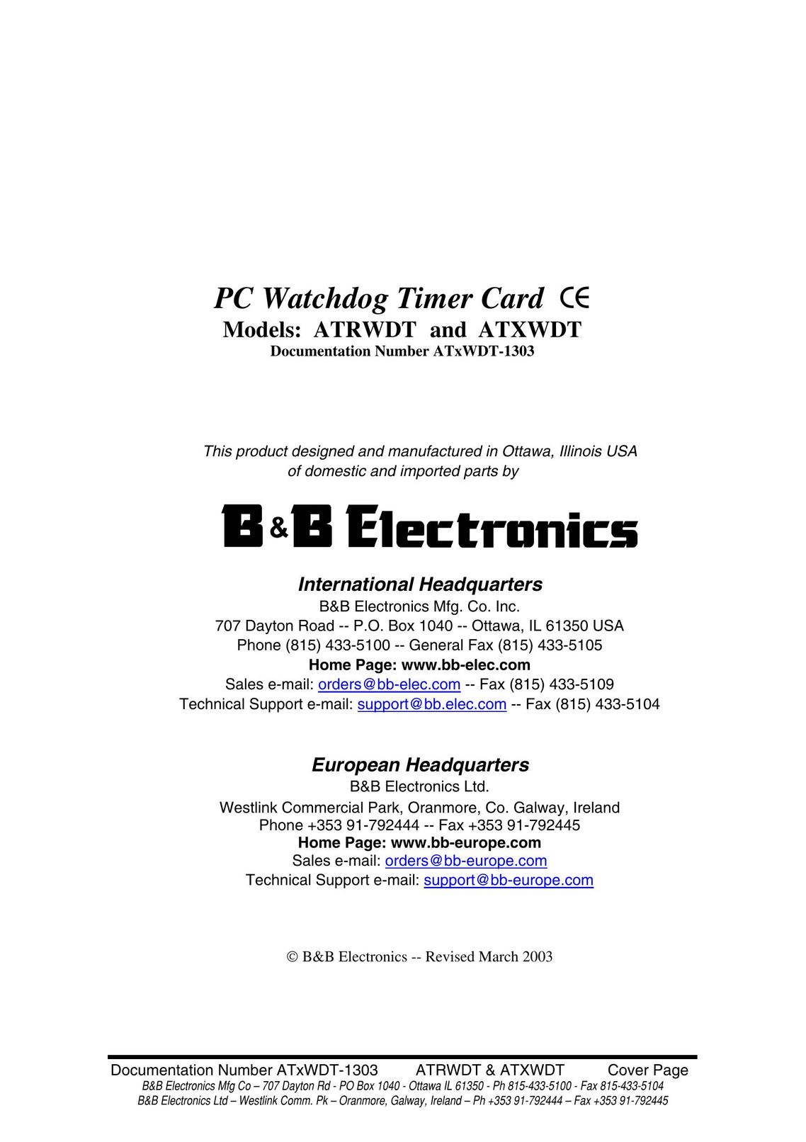 B&B Electronics ATXWDT Network Card User Manual