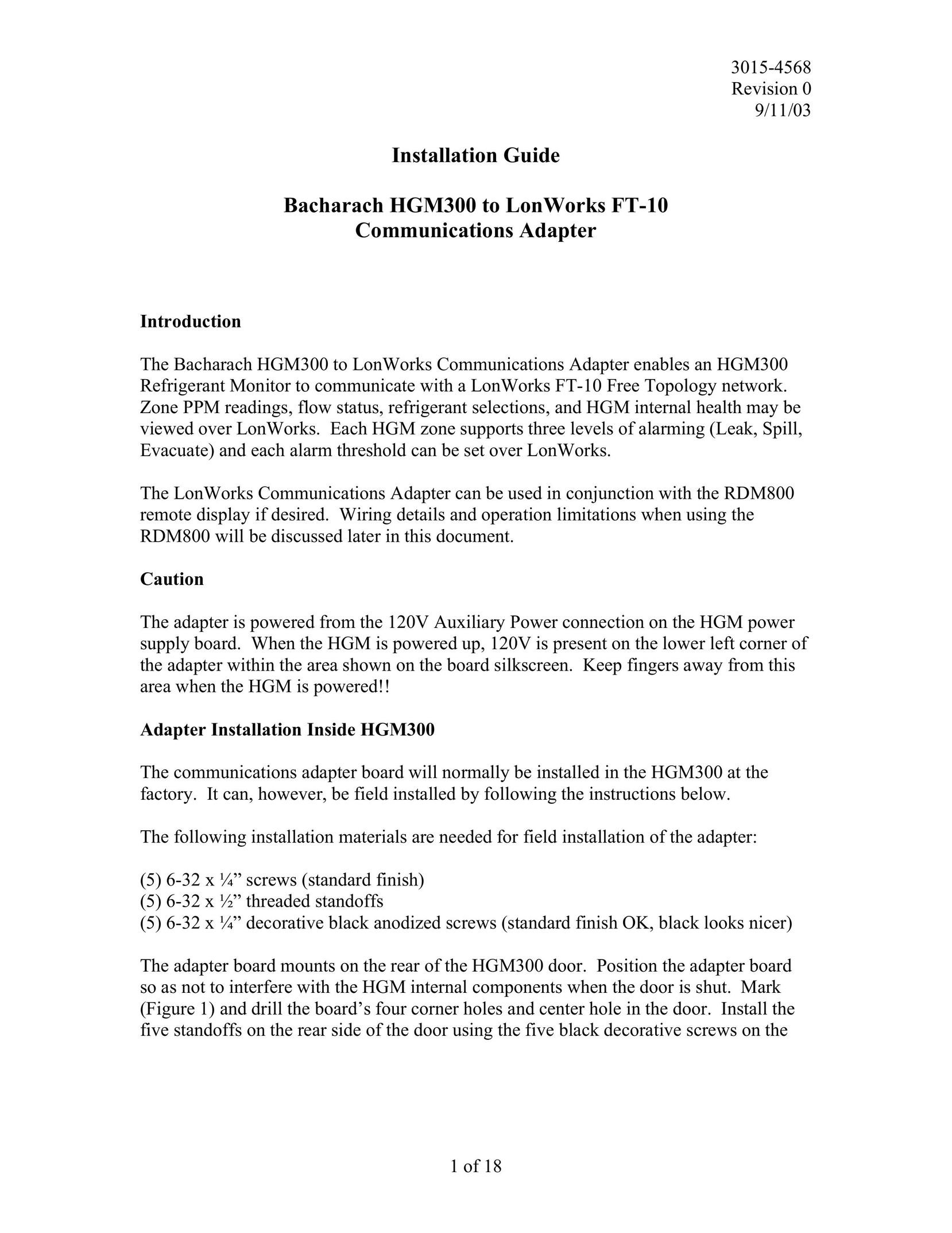 Bacharach FT-10 Network Card User Manual