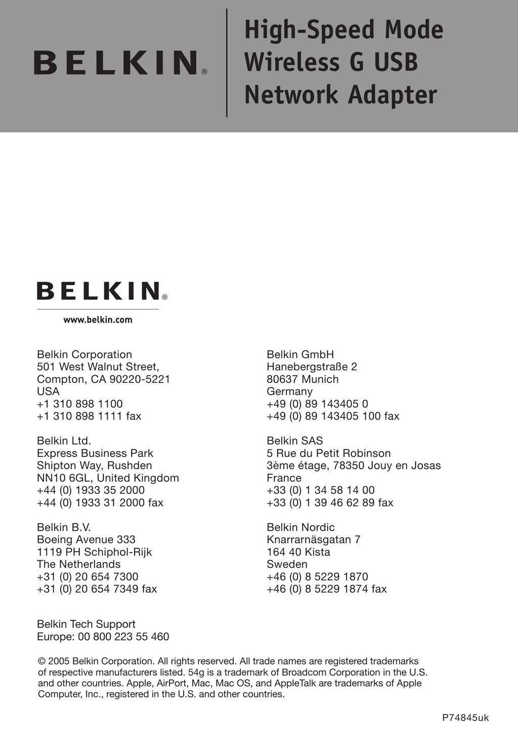 Belkin F5D7051 Network Card User Manual