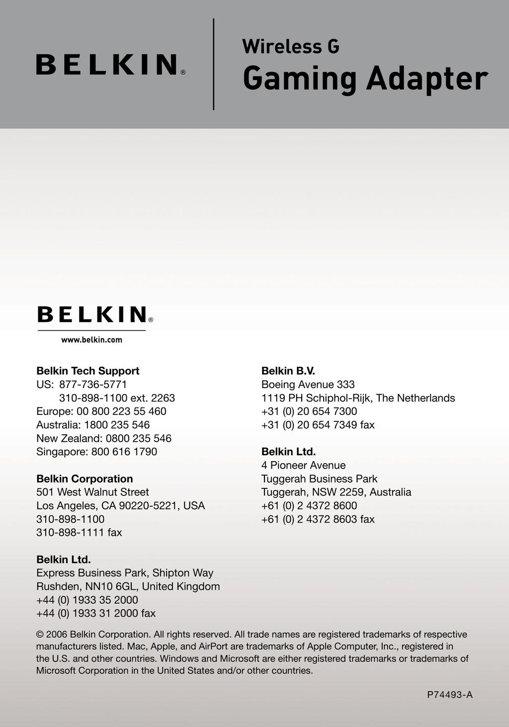 Belkin F5D7330 Network Card User Manual