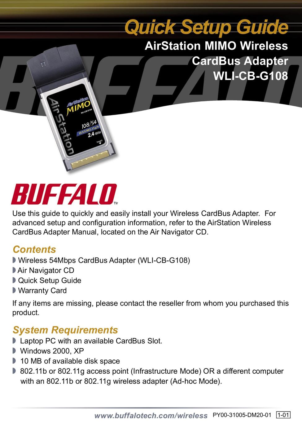 Buffalo Technology WLI-CB-G108 Network Card User Manual