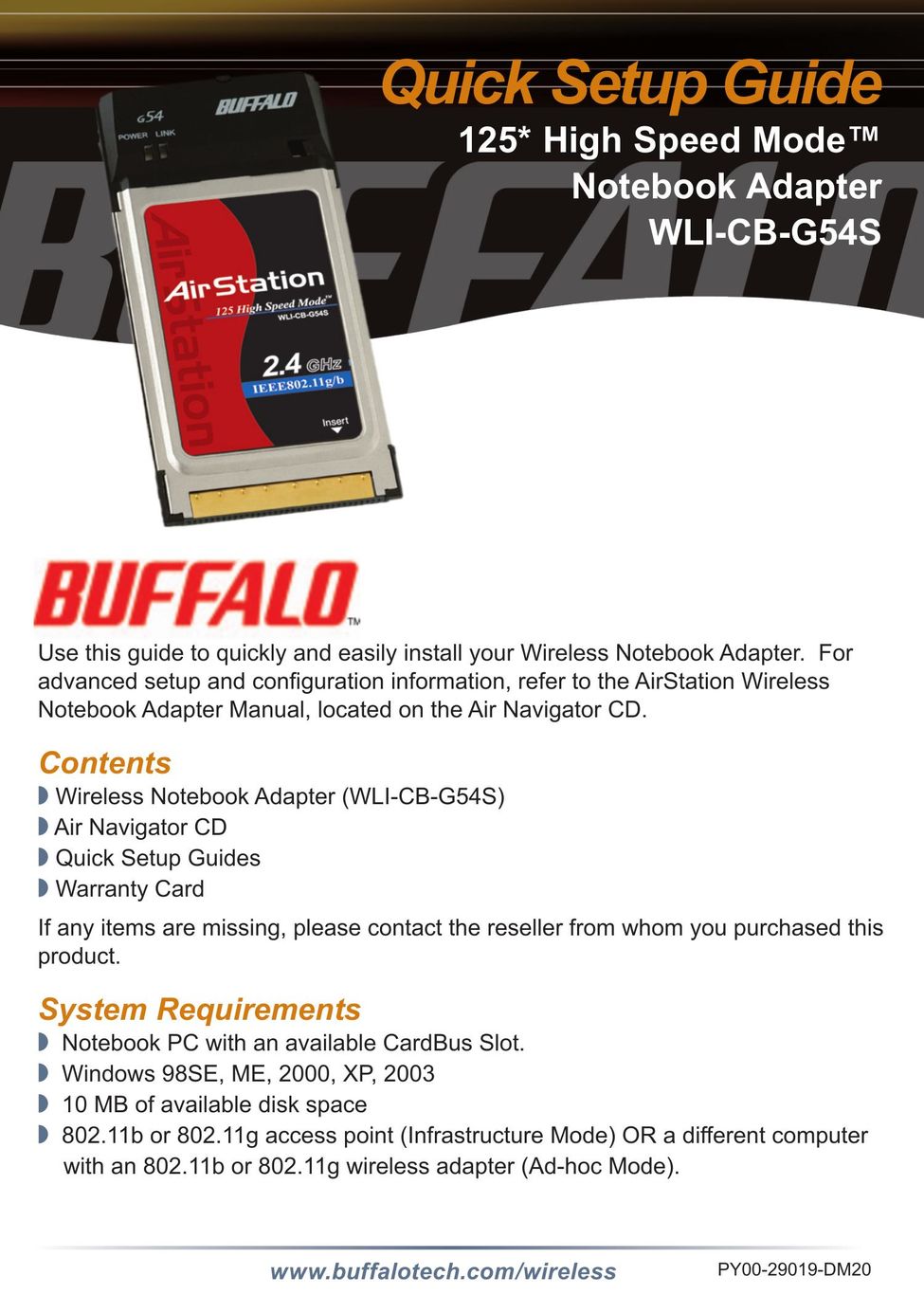 Buffalo Technology WLI-CB-G54S Network Card User Manual