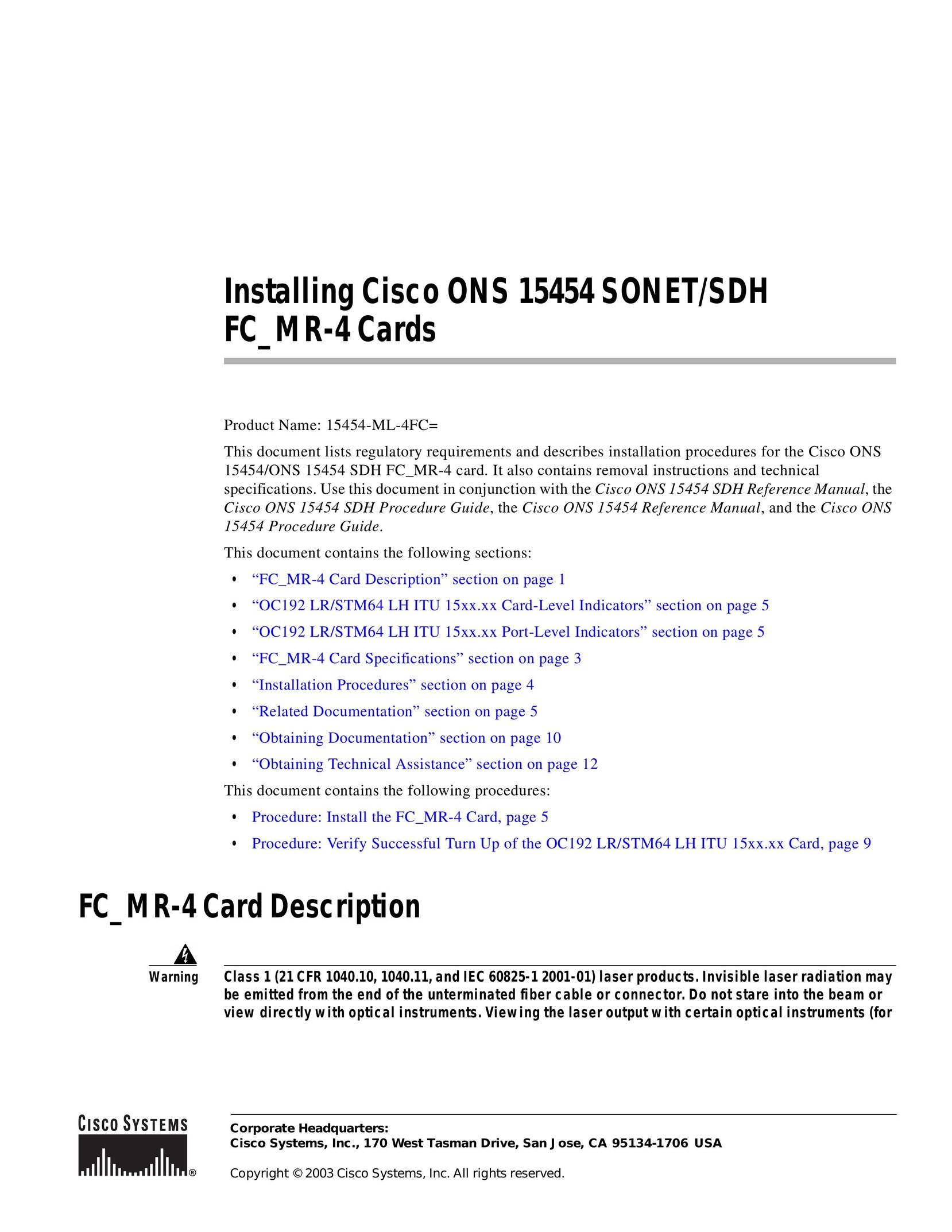 Cisco Systems 15454-ML-4FC= Network Card User Manual