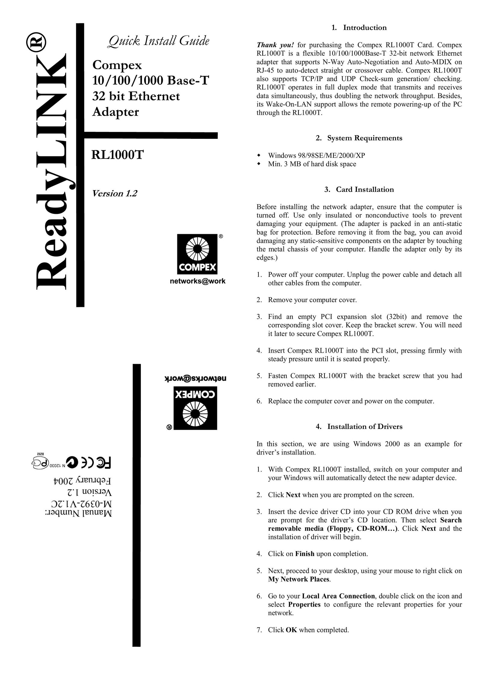 Compex Systems RL1000T Network Card User Manual