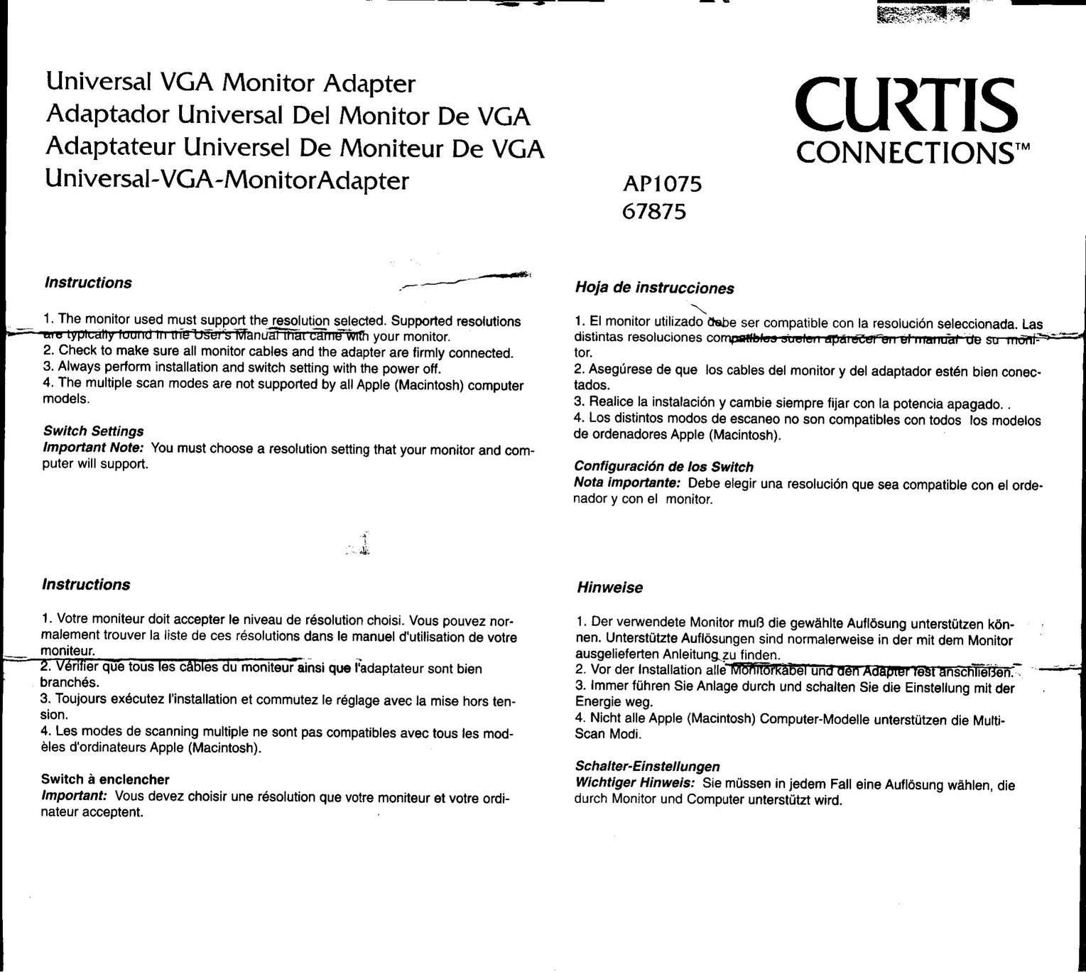 Curtis Computer AP1075 Network Card User Manual