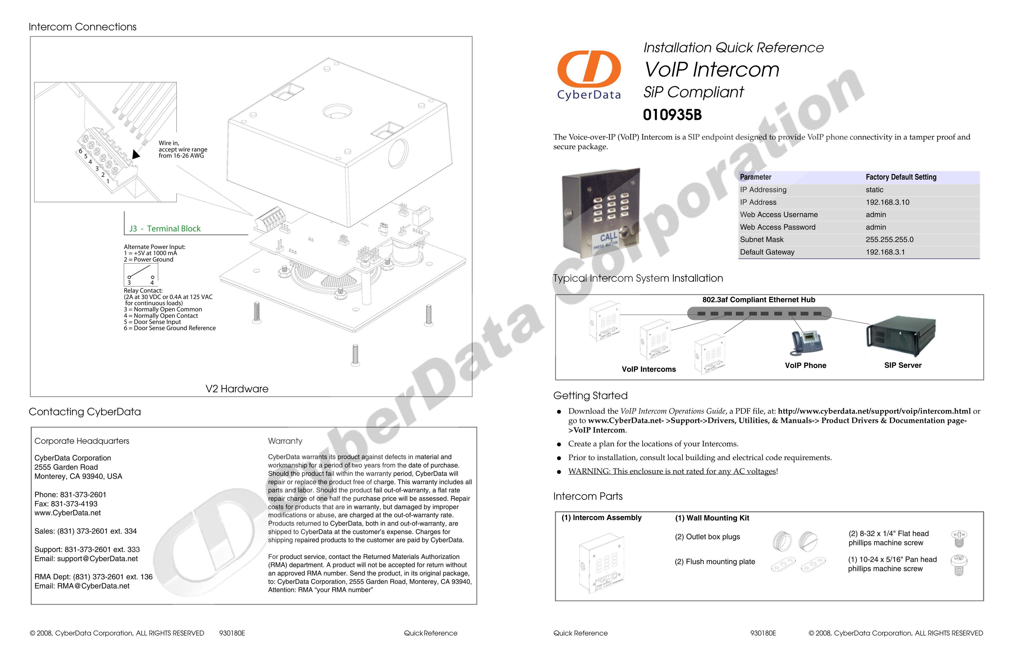 CyberData 010935B Network Card User Manual
