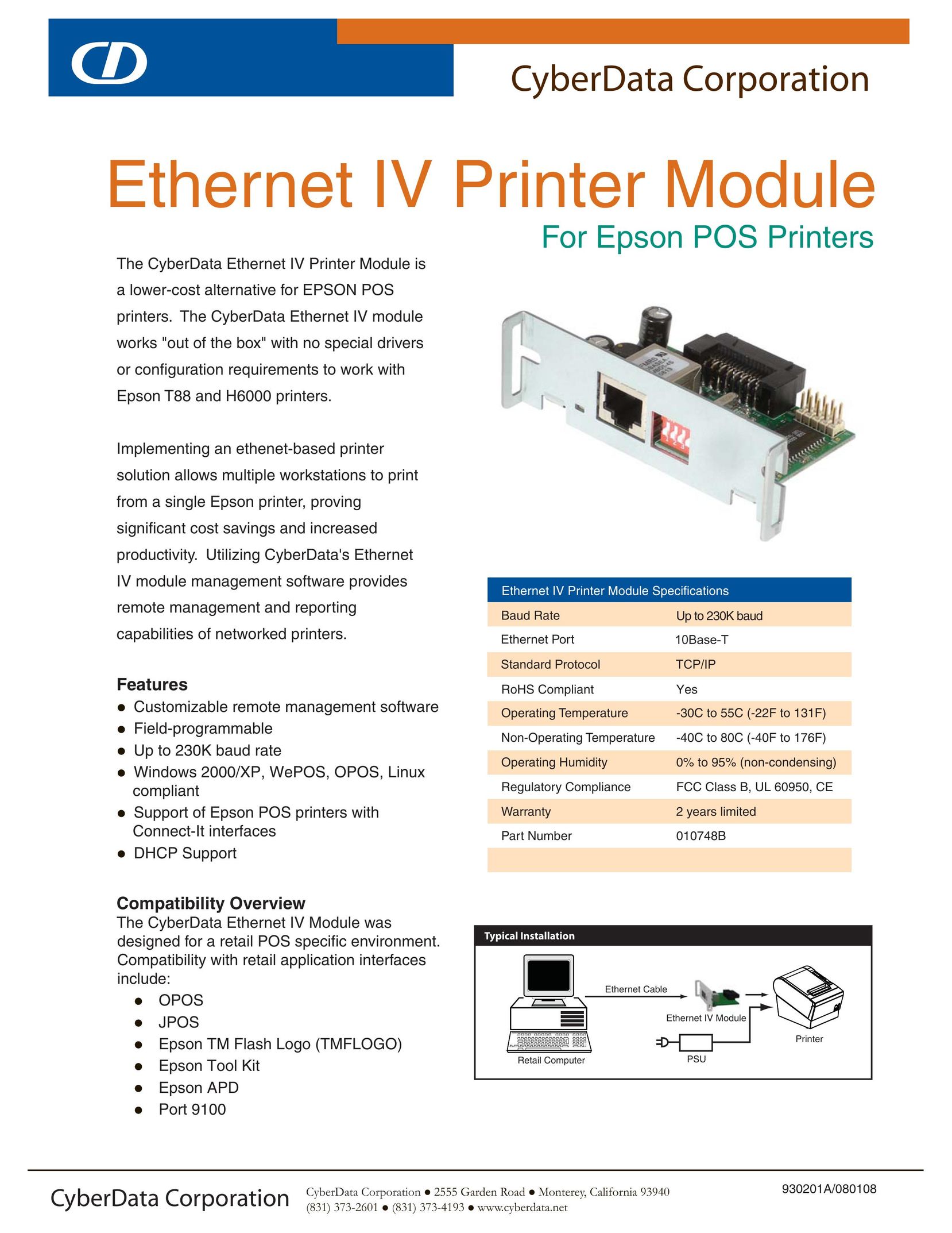 CyberData Ethernet IV Printer Module Network Card User Manual