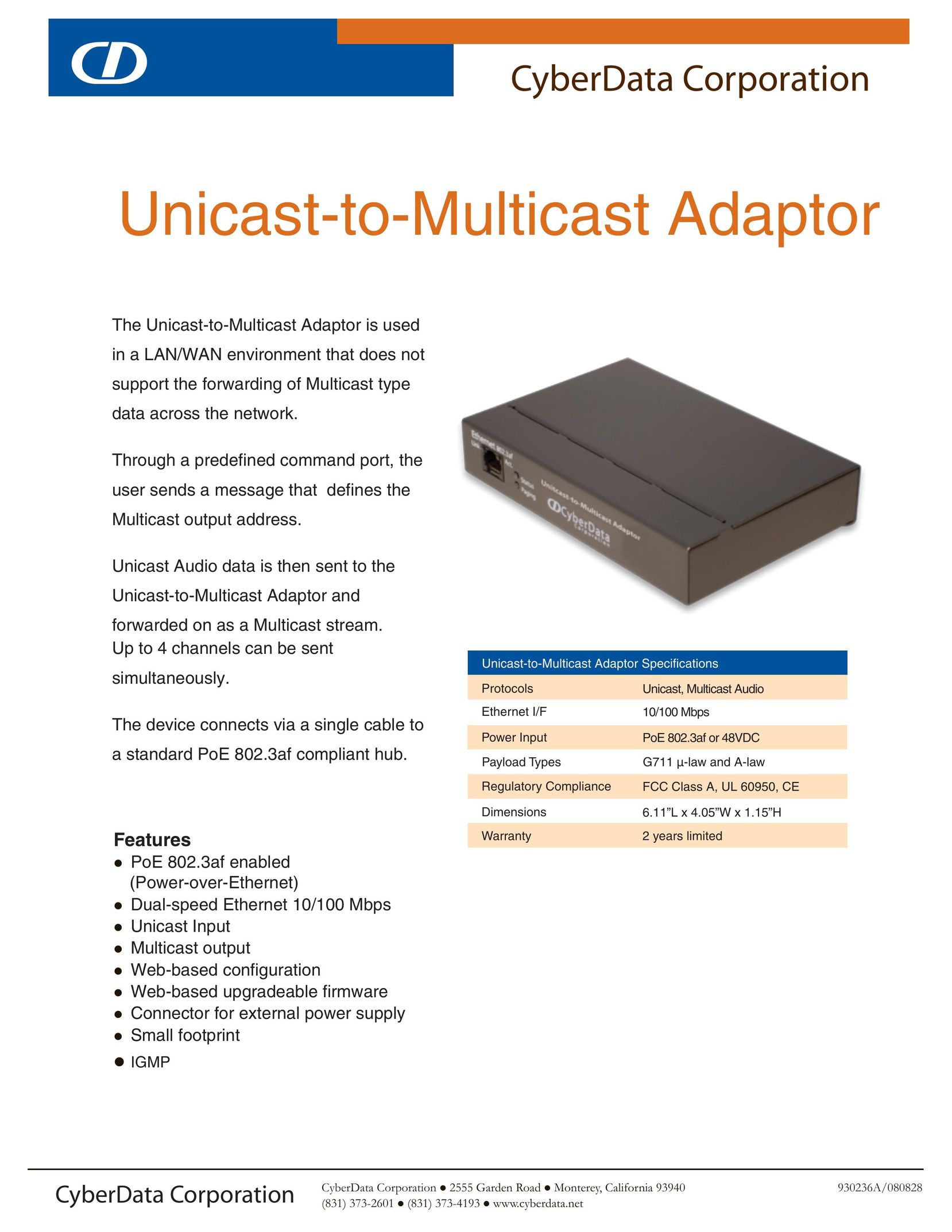 CyberData Unicast-to-Multicast Adaptor Network Card User Manual