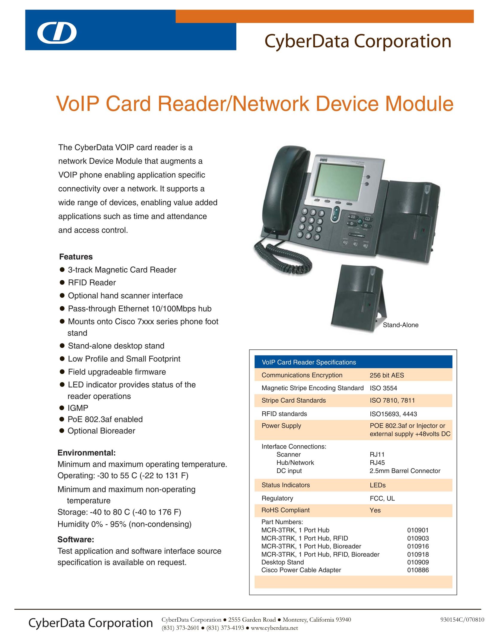 CyberData VoIP Card Reader/Network Device Module Network Card User Manual