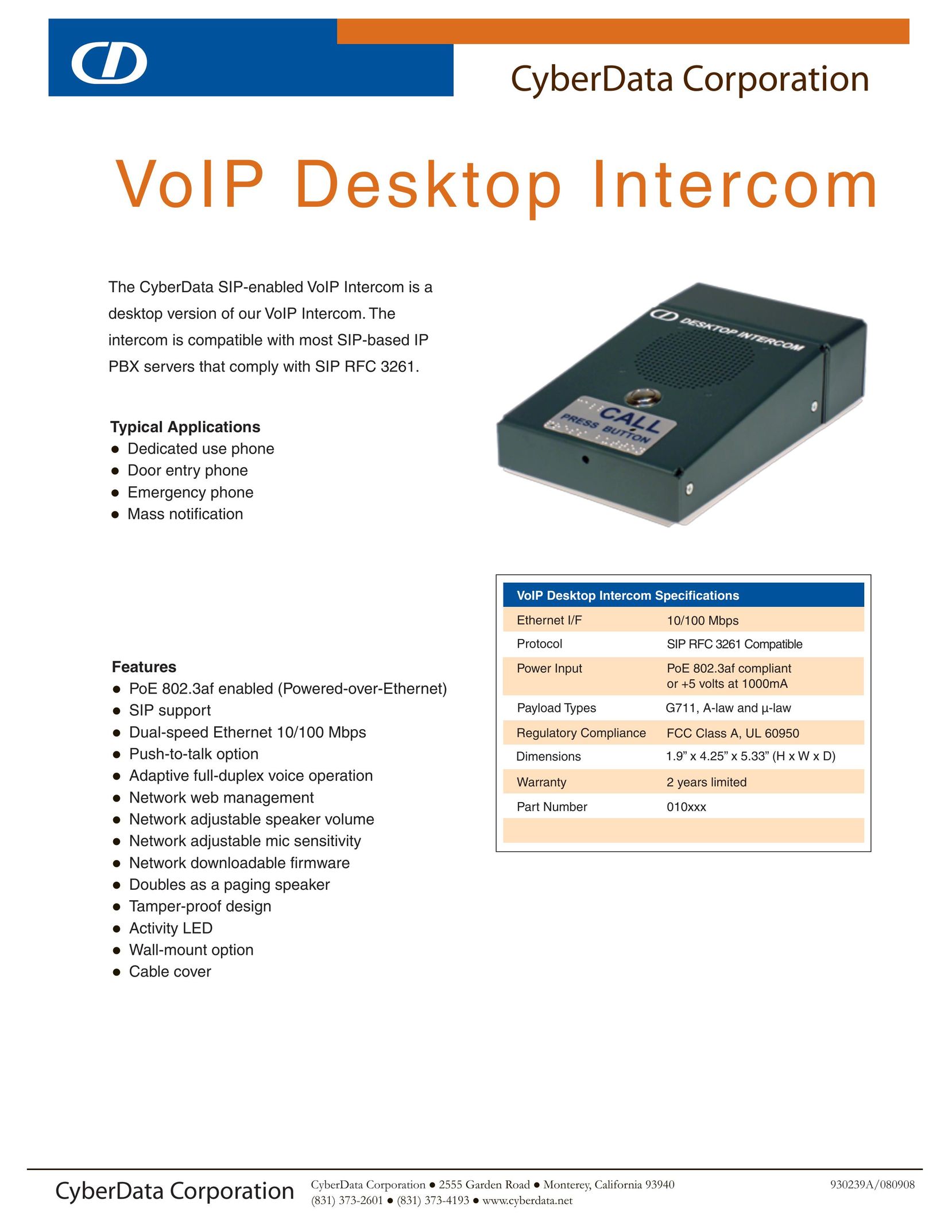CyberData VoIP Desktop Intercom Network Card User Manual