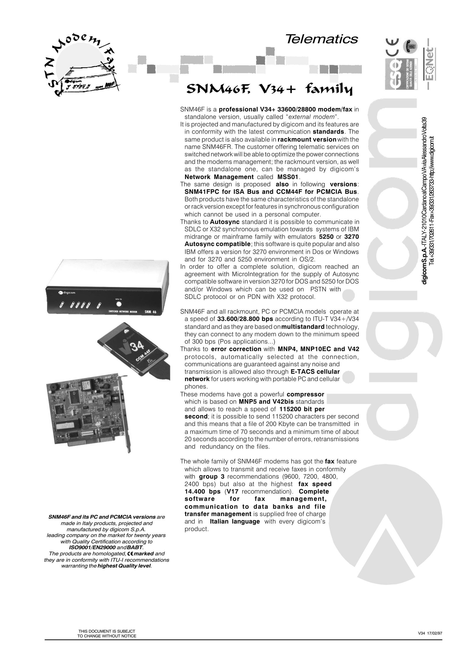 Digicom SNM46F Network Card User Manual