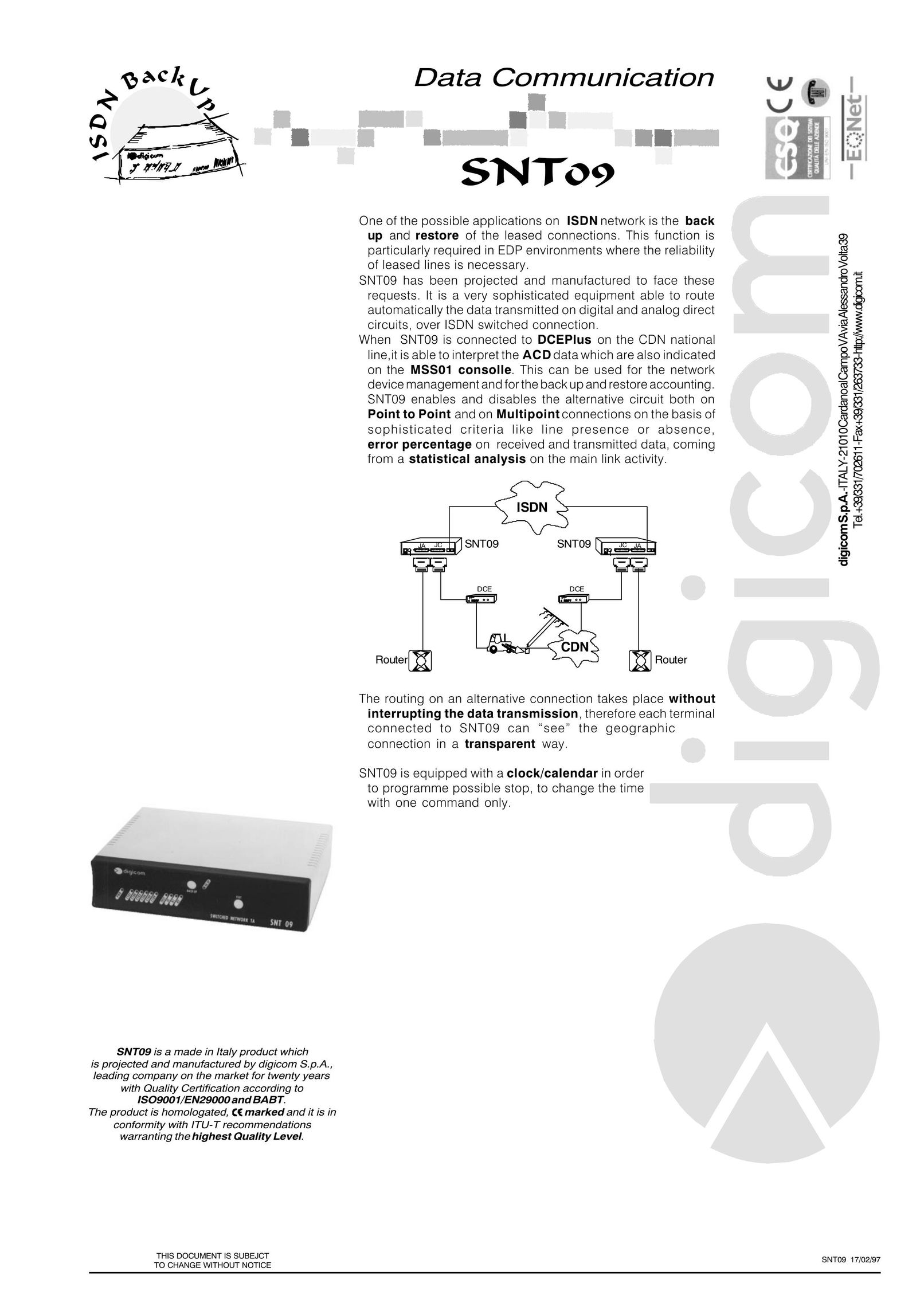 Digicom SNT09 Network Card User Manual