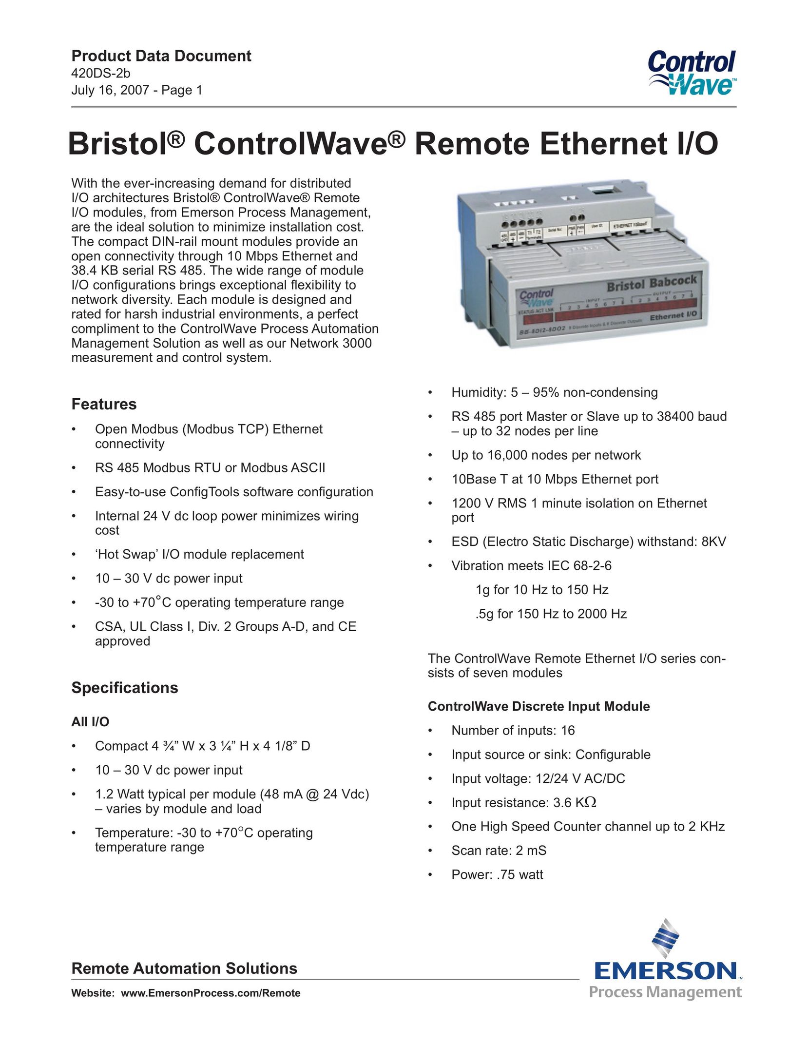 Emerson Process Management ControlWave Remote Ethernet I/O Network Card User Manual