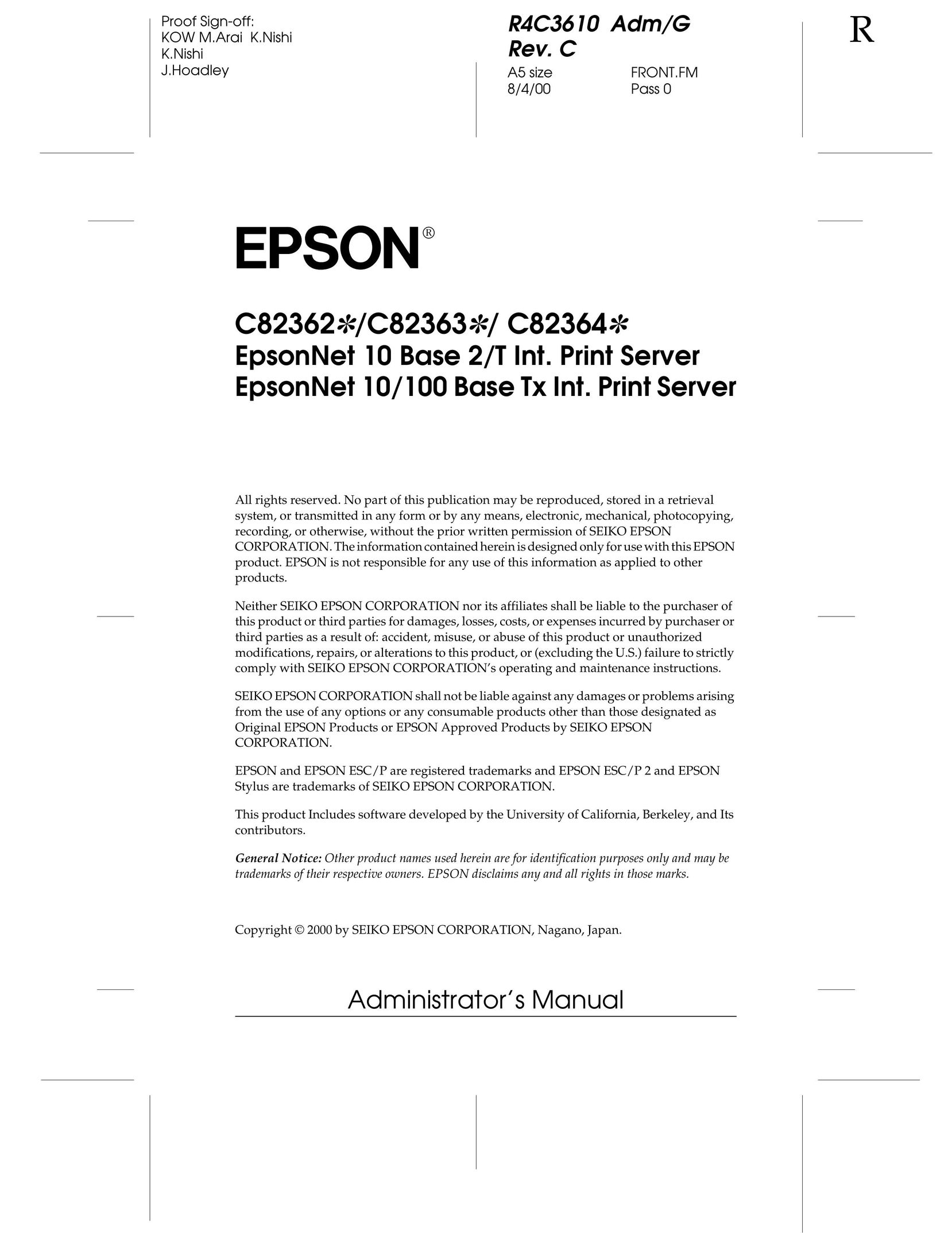 Epson C82363 Network Card User Manual