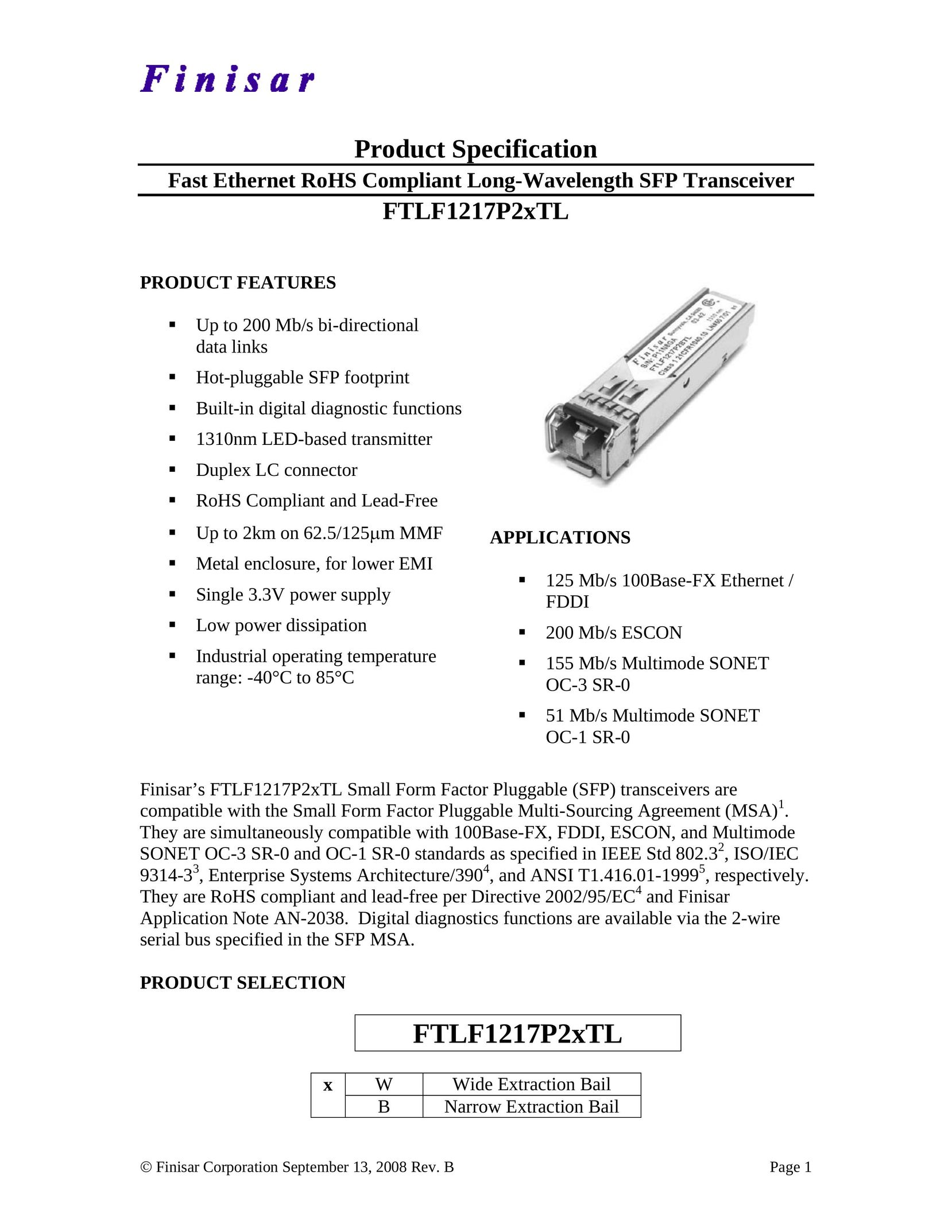 Finisar FTLF1217P2XTL Network Card User Manual