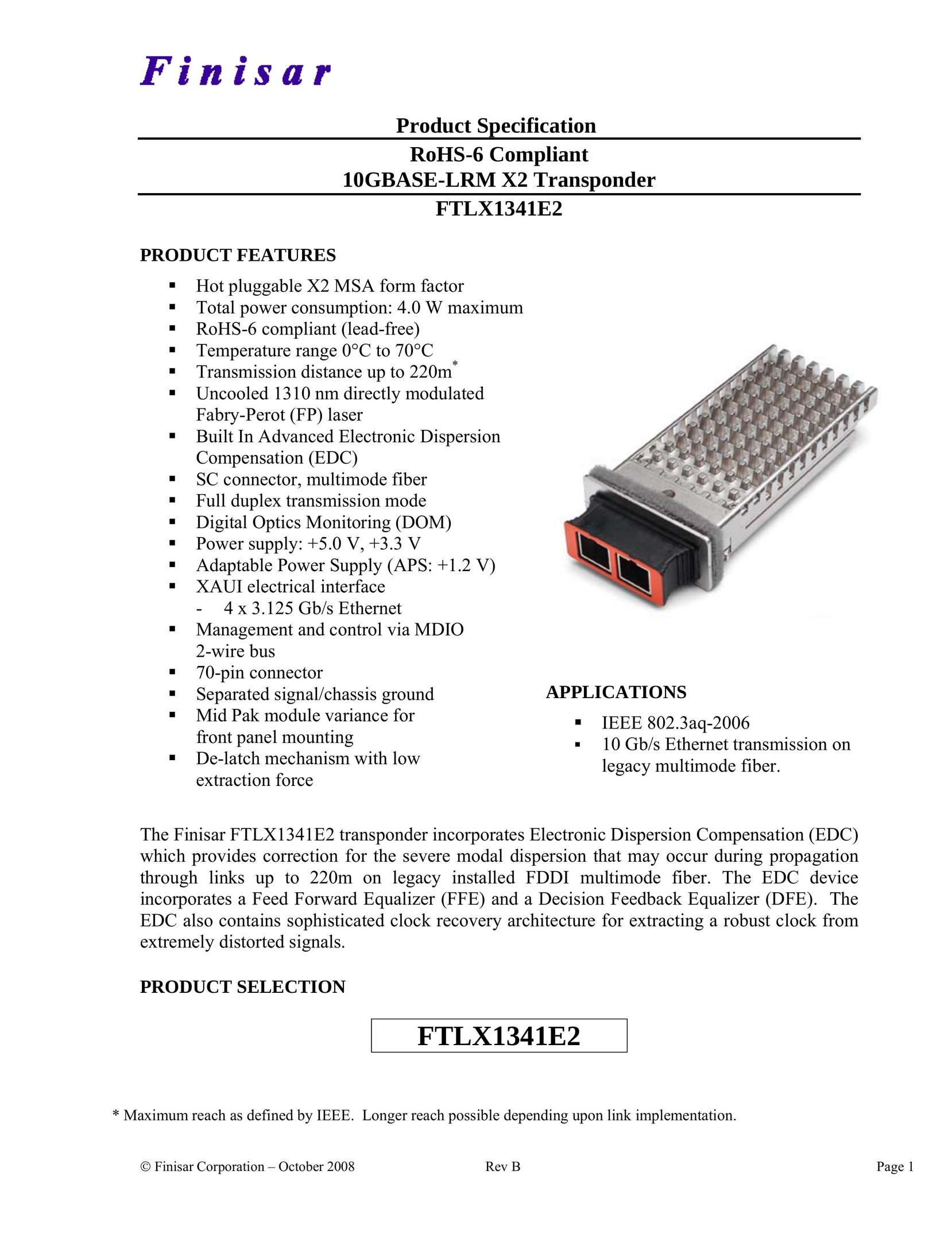 Finisar FTLX1341E2 Network Card User Manual