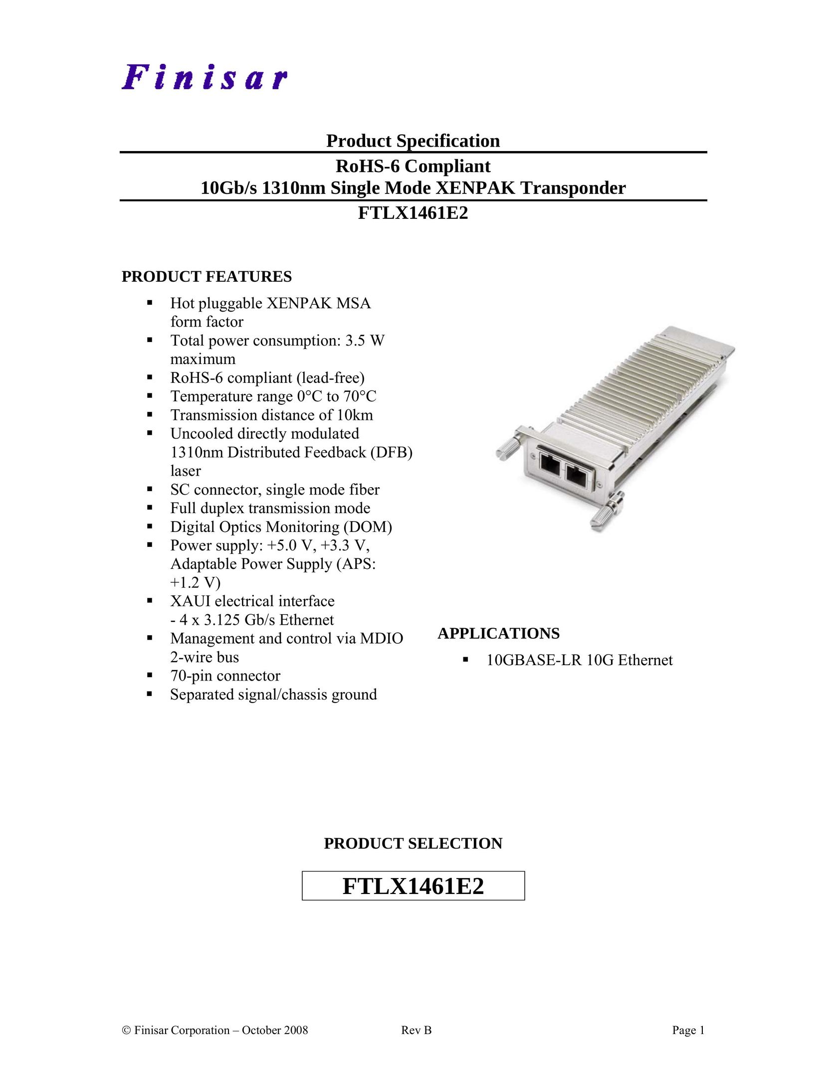 Finisar FTLX1461E2 Network Card User Manual