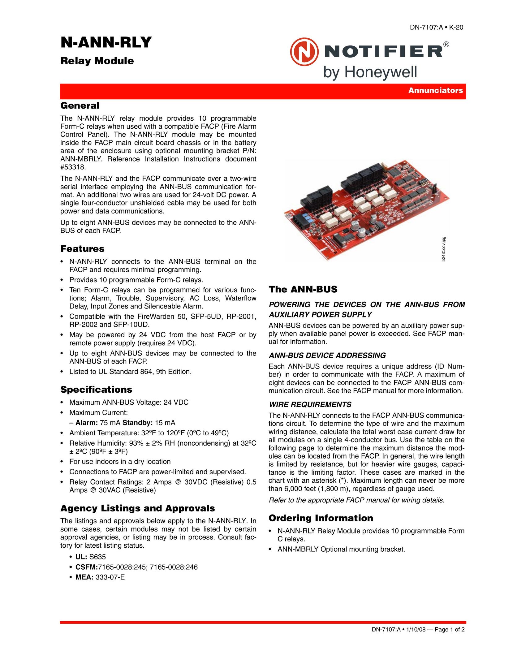 Honeywell N-ANN-RLY Network Card User Manual