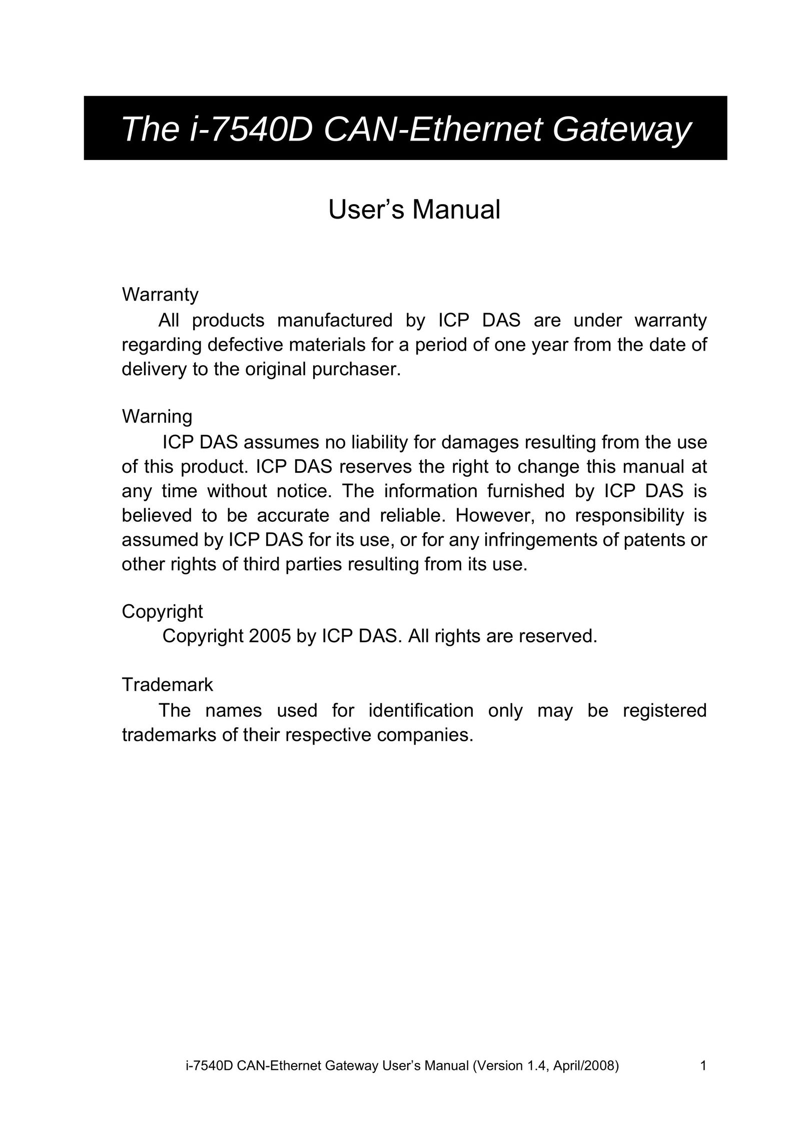 ICP DAS USA I-7540D Network Card User Manual