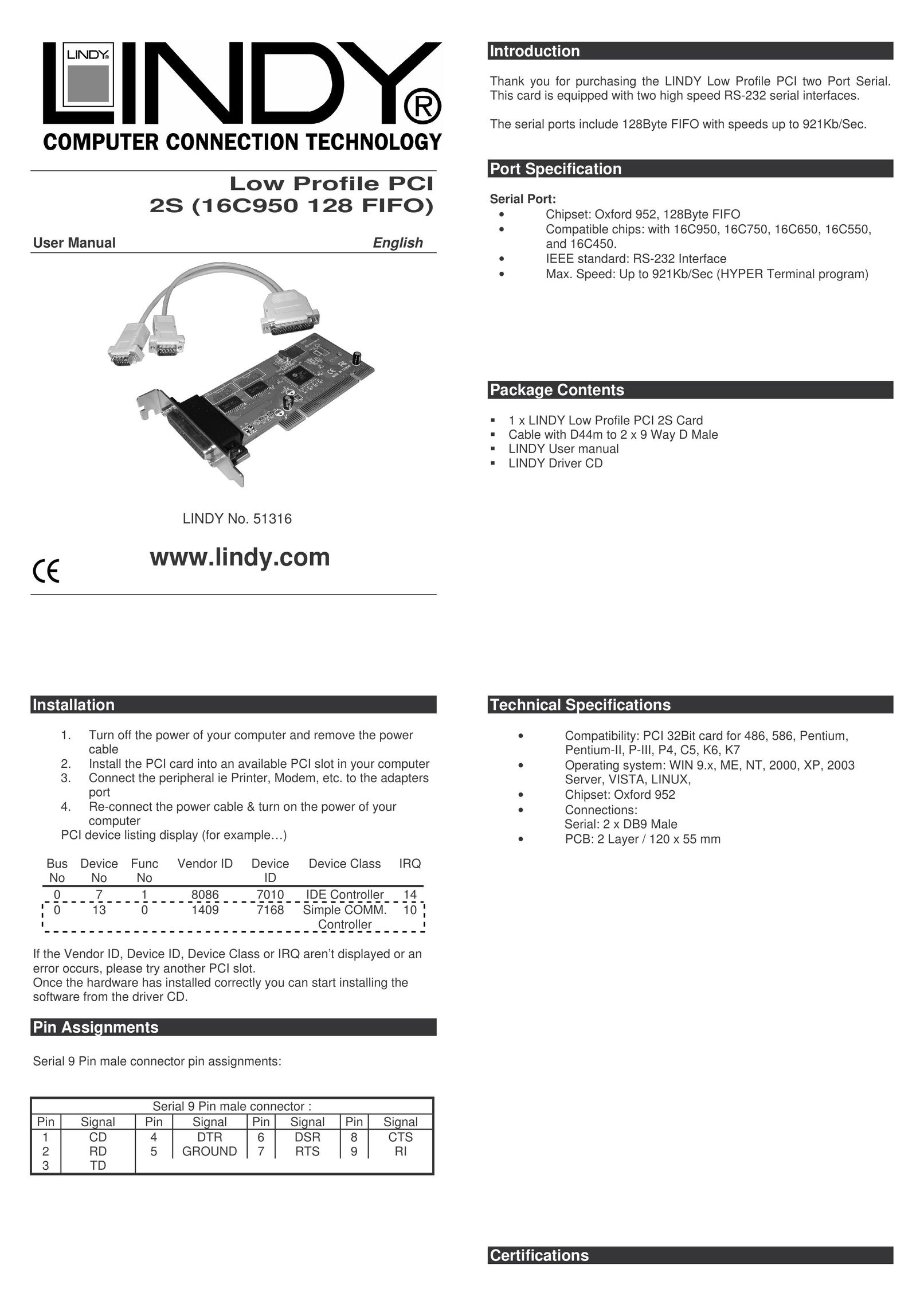 Lindy 51316 Network Card User Manual